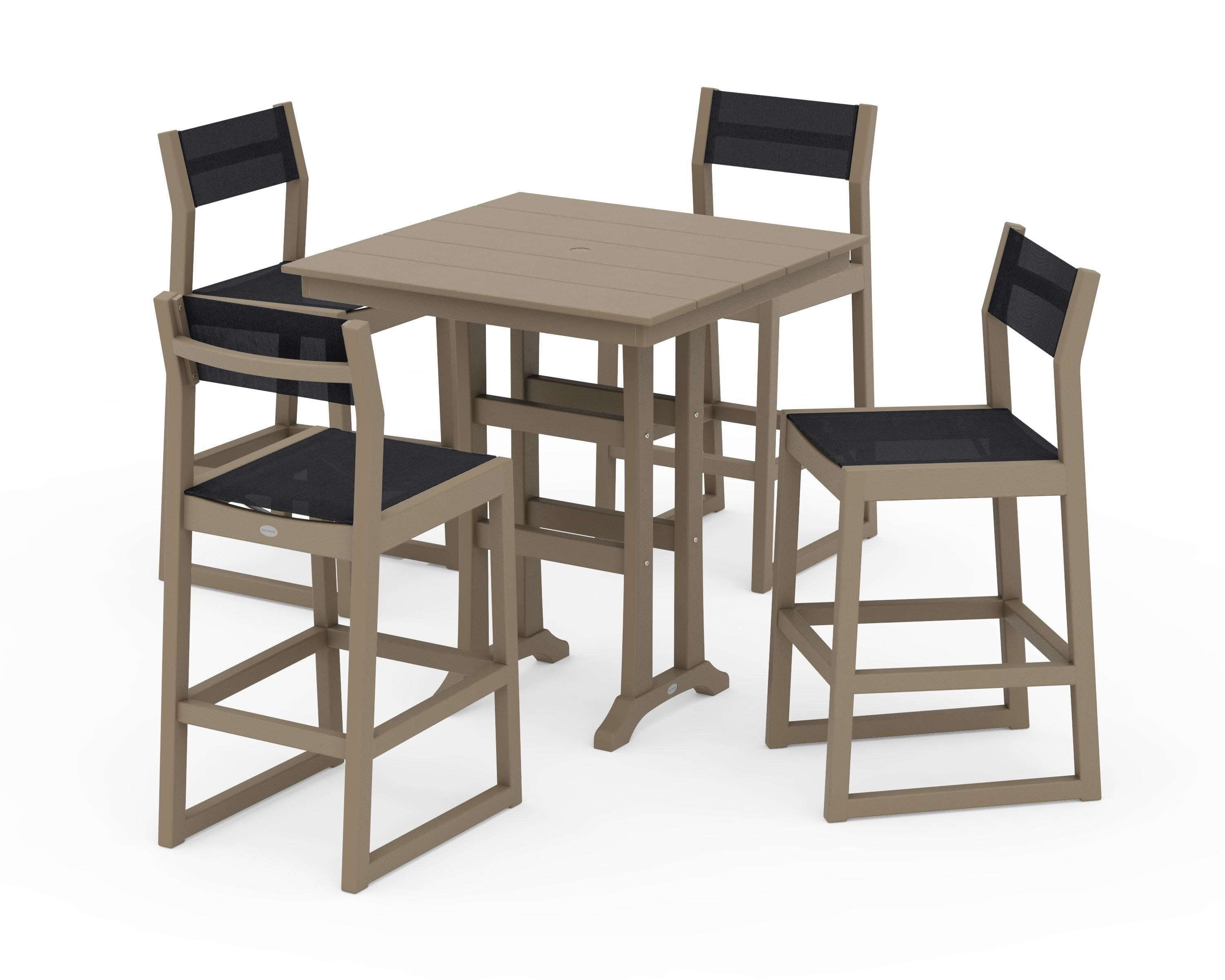 EDGE Sling Arm Chair 5-Piece Farmhouse Bar Set with Trestle Legs in Vintage Sahara / Black Sling