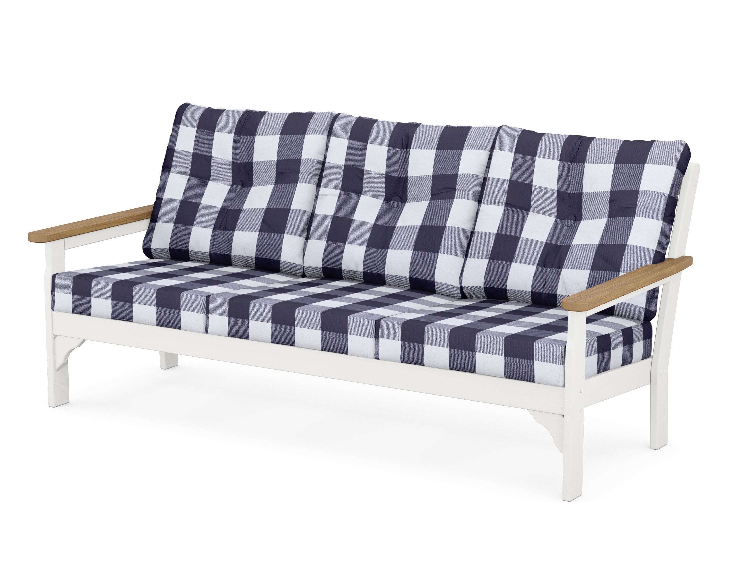 Vineyard Deep Seating Sofa in White / Natural / Buffalo Plaid Navy