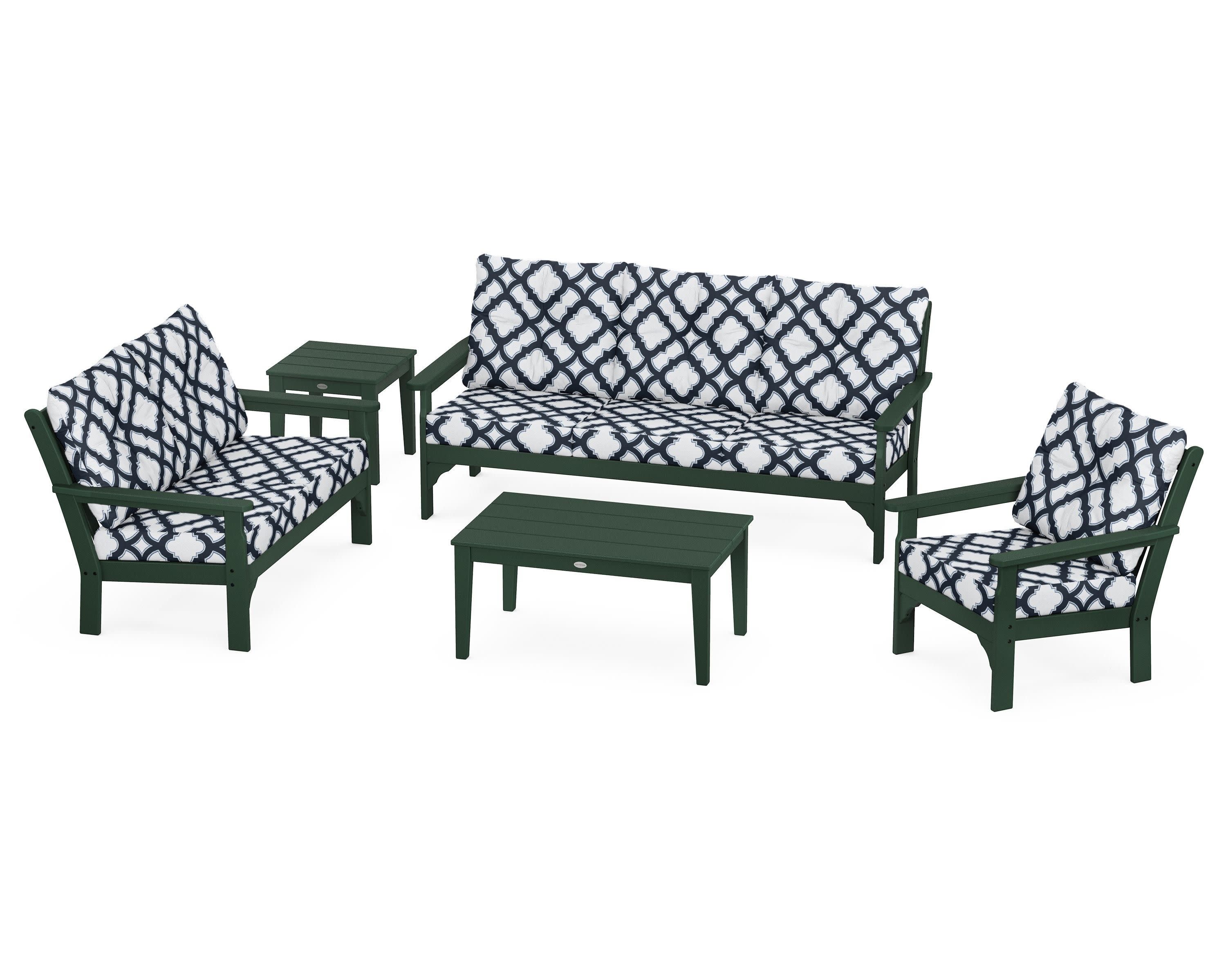 Vineyard 5 Piece Deep Seating Set in Green / Trellis Marine Indigo