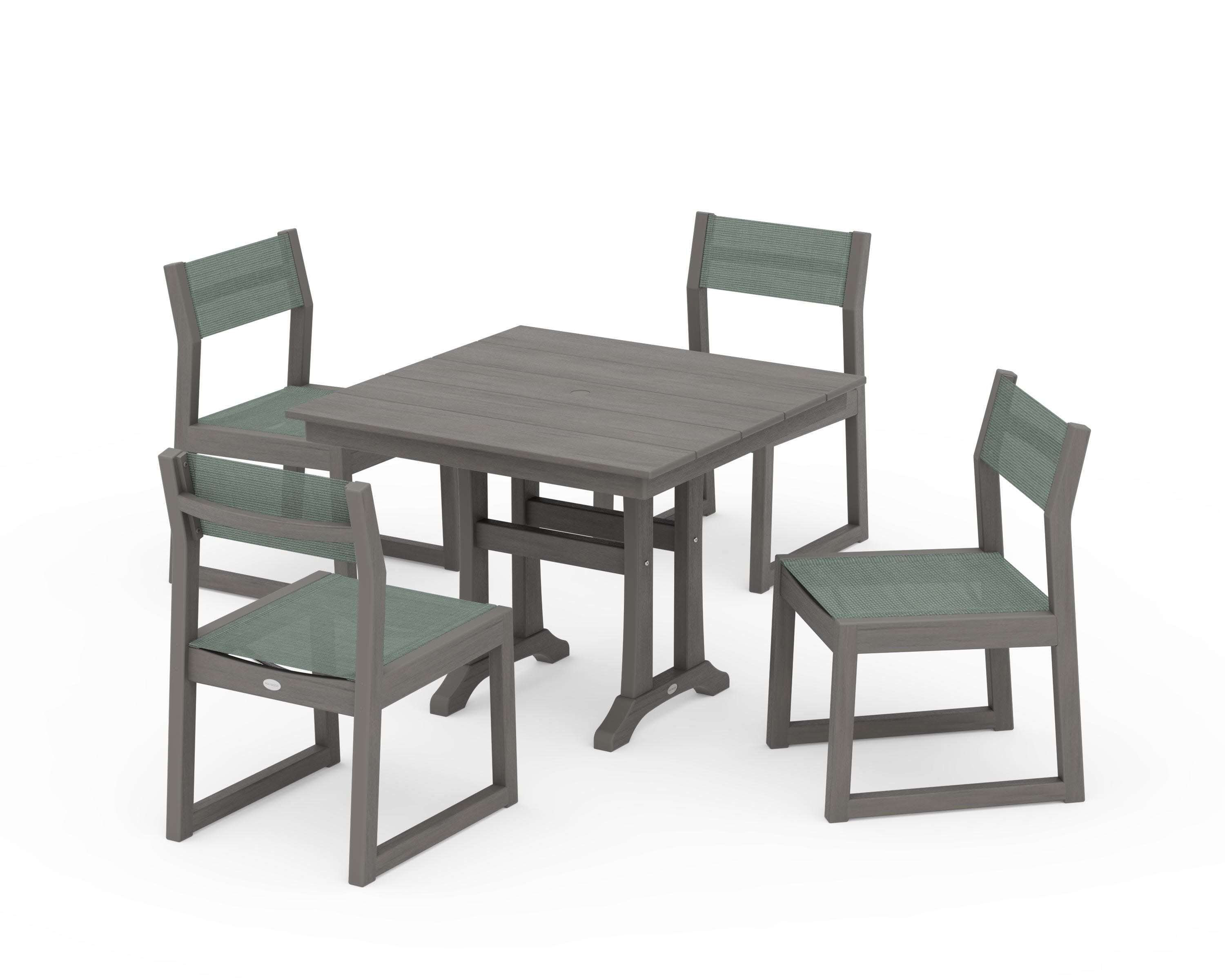 EDGE Sling 5-Piece Farmhouse Trestle Side Chair Dining Set in Driftwood / Dupioni Sea Mist Sling
