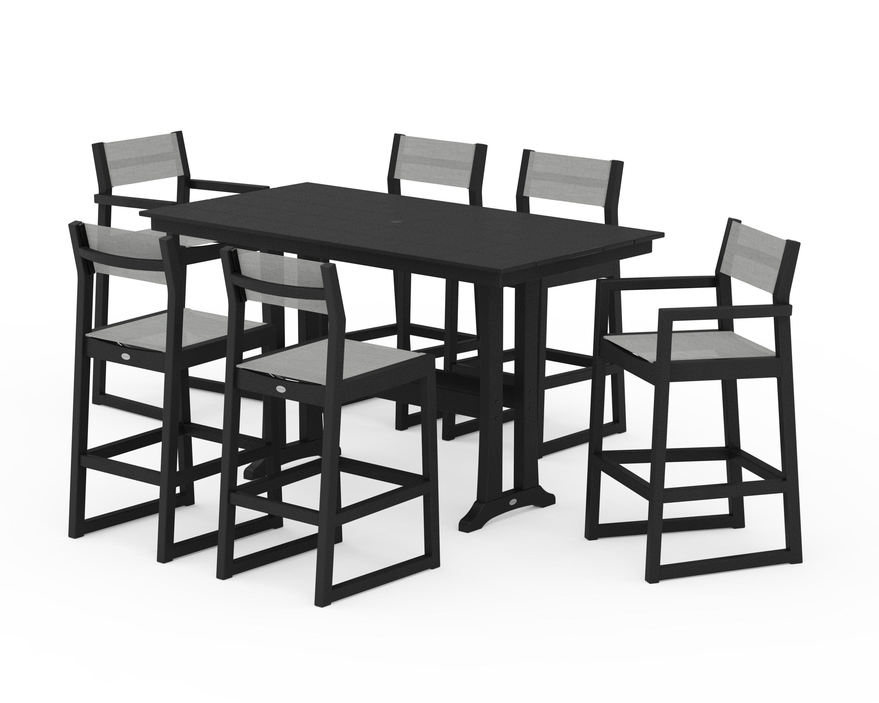 EDGE Sling 7-Piece Farmhouse Bar Set with Trestle Legs in Black / Metallic Sling
