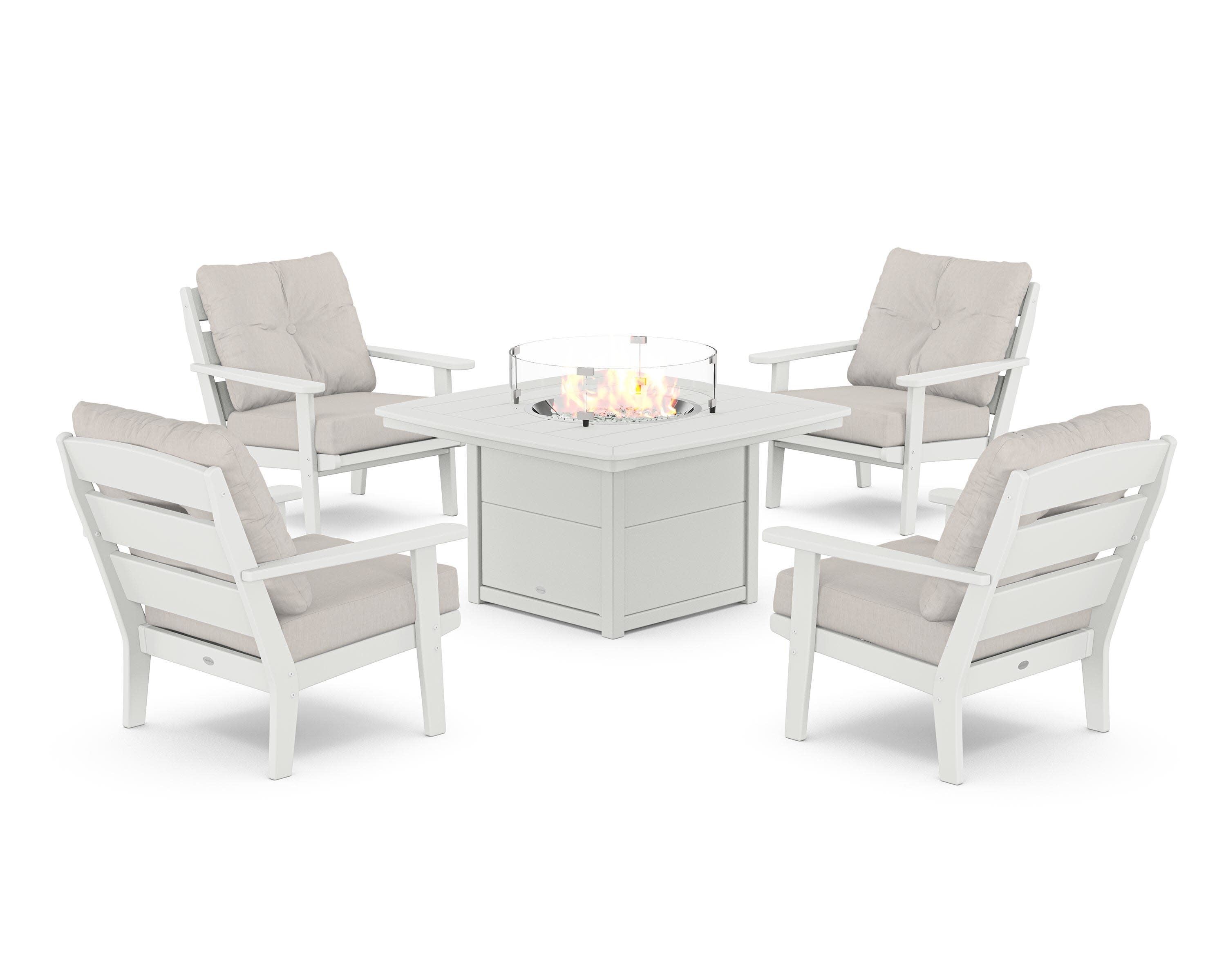 Lakeside 5-Piece Deep Seating Set with Nautical Fire Pit Table in White / Cast Ash