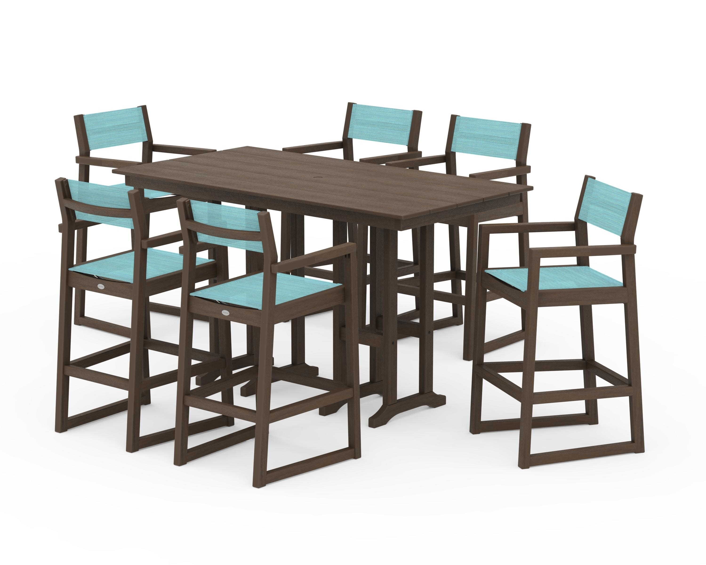 EDGE Sling Arm Chair 7-Piece Farmhouse Bar Set in Kona / Dupioni Aquamarine Sling