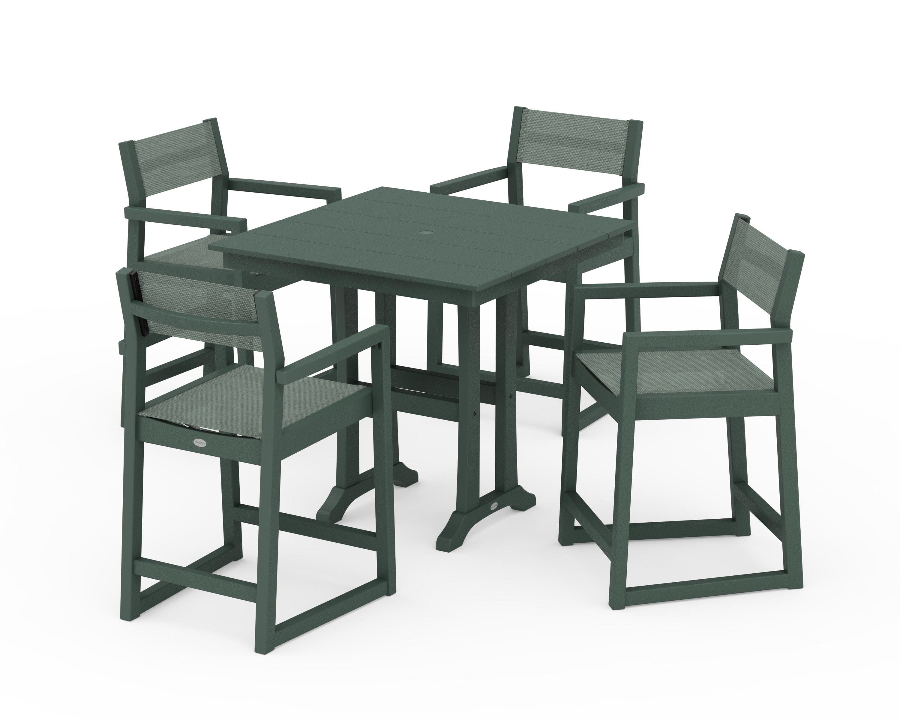 EDGE Sling Arm Chair 5-Piece Farmhouse Counter Set with Trestle Legs in Green / Dupioni Sea Mist Sling