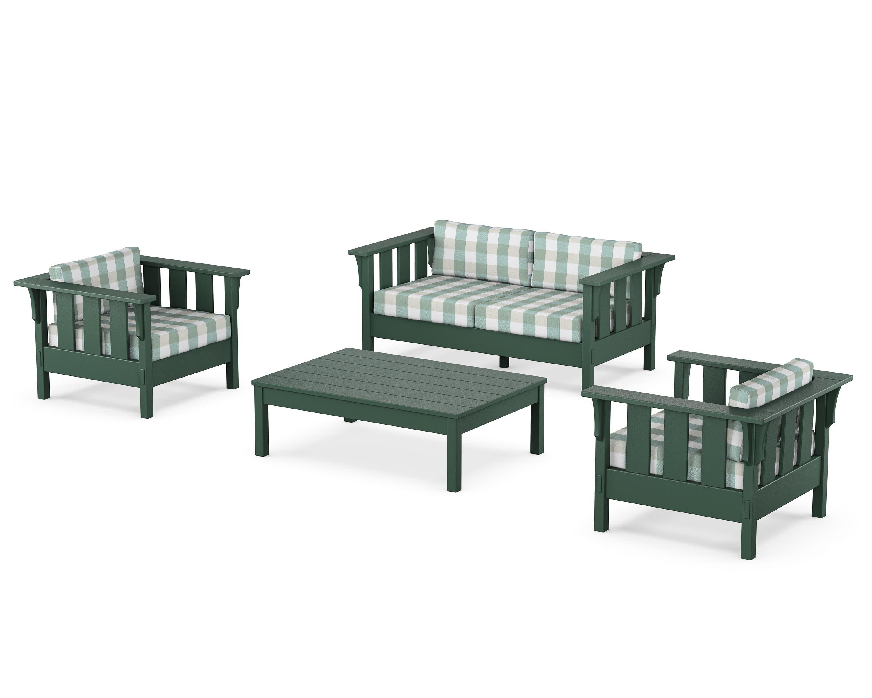 Acadia 4-Piece Deep Seating Set with Loveseat in Green / Buffalo Plaid Glacier Spa