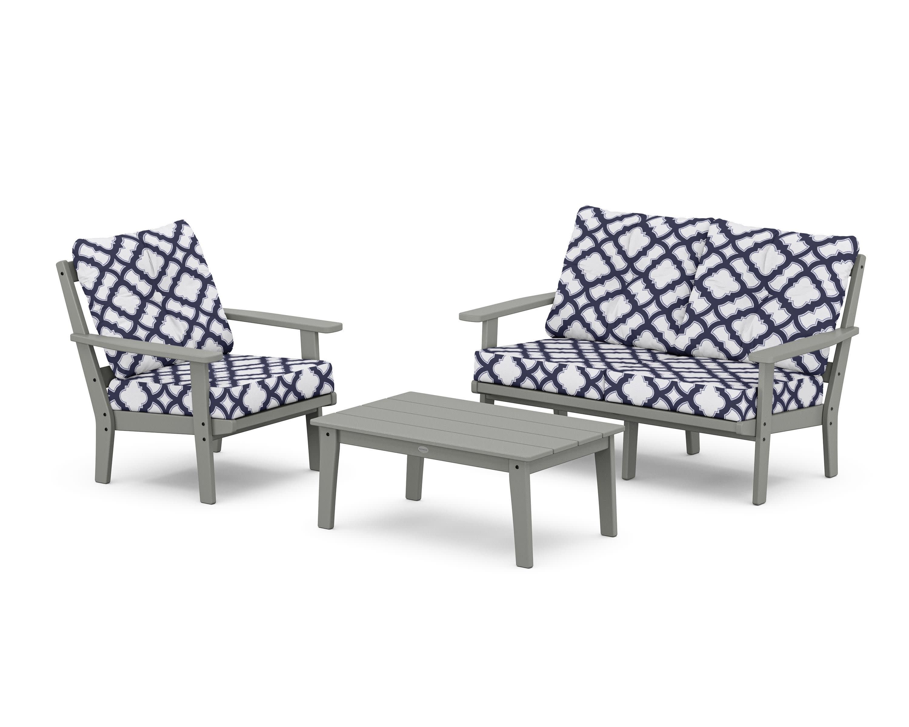 Oxford 3-Piece Deep Seating Set with Loveseat in Slate Grey / Trellis Navy
