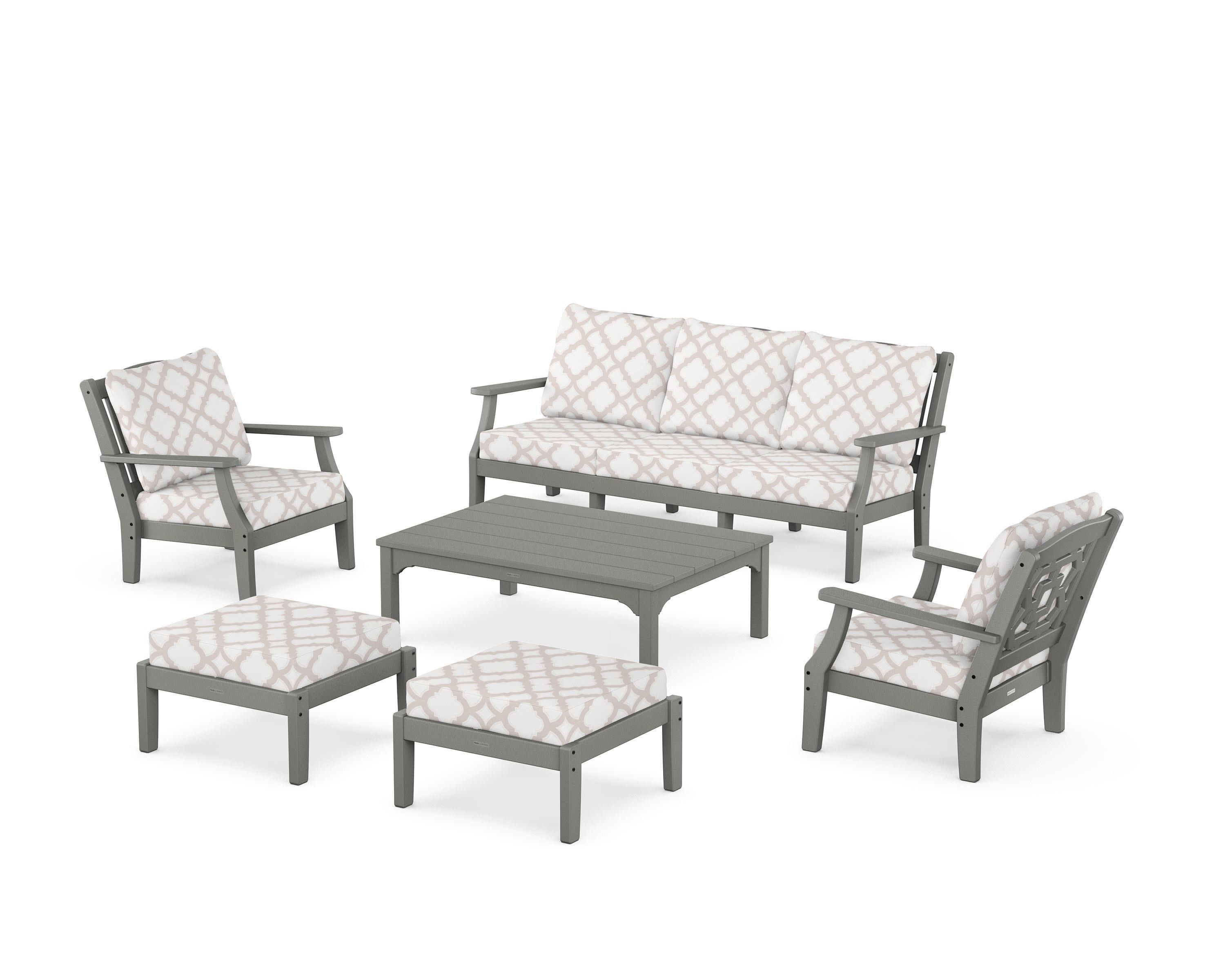 Chinoiserie 6-Piece Lounge Sofa Set in Slate Grey / Trellis Dune Burlap