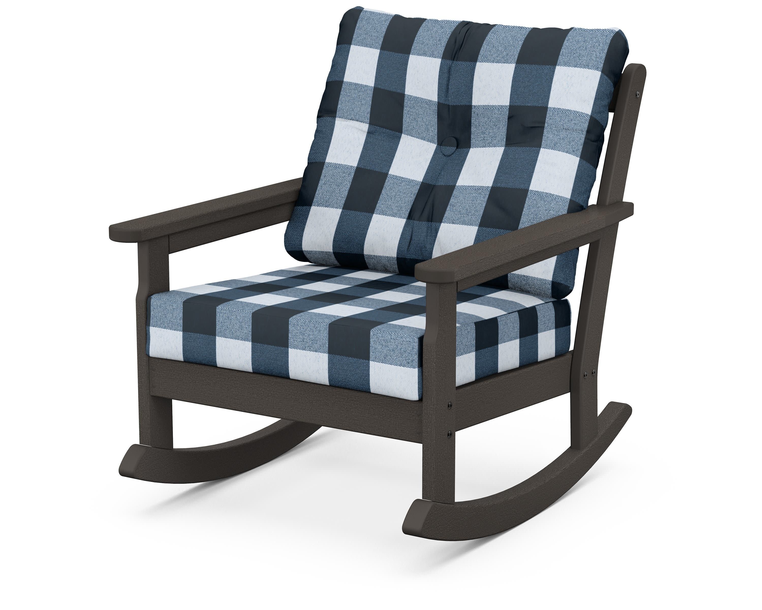 Vineyard Deep Seating Rocking Chair in Vintage Coffee / Buffalo Plaid Marine Indigo