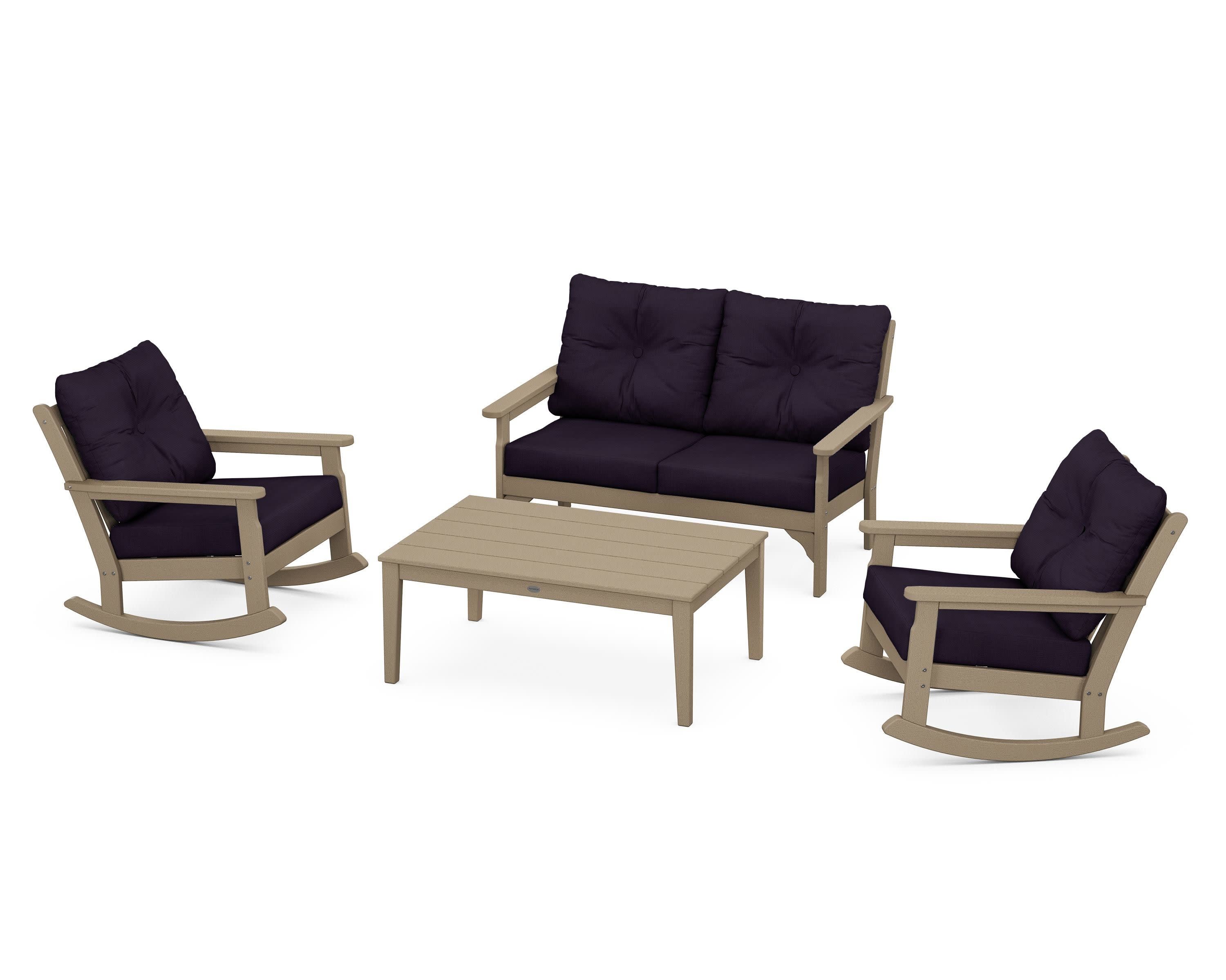 Vineyard 4-Piece Deep Seating Rocking Chair Set in Vintage Sahara / Navy Linen