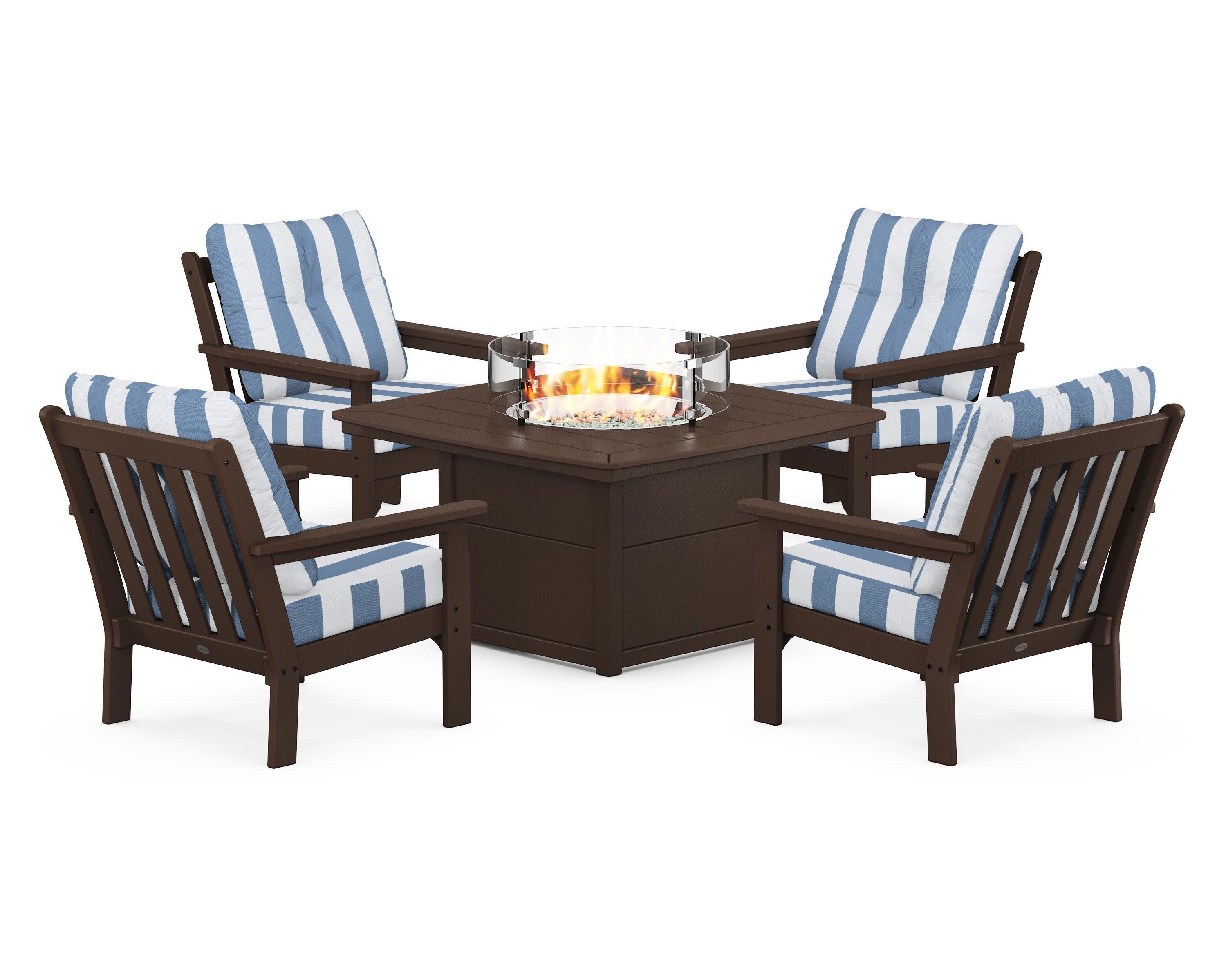 Vineyard 5-Piece Conversation Set with Fire Pit Table in Mahogany / Cabana Stripe Sky Blue