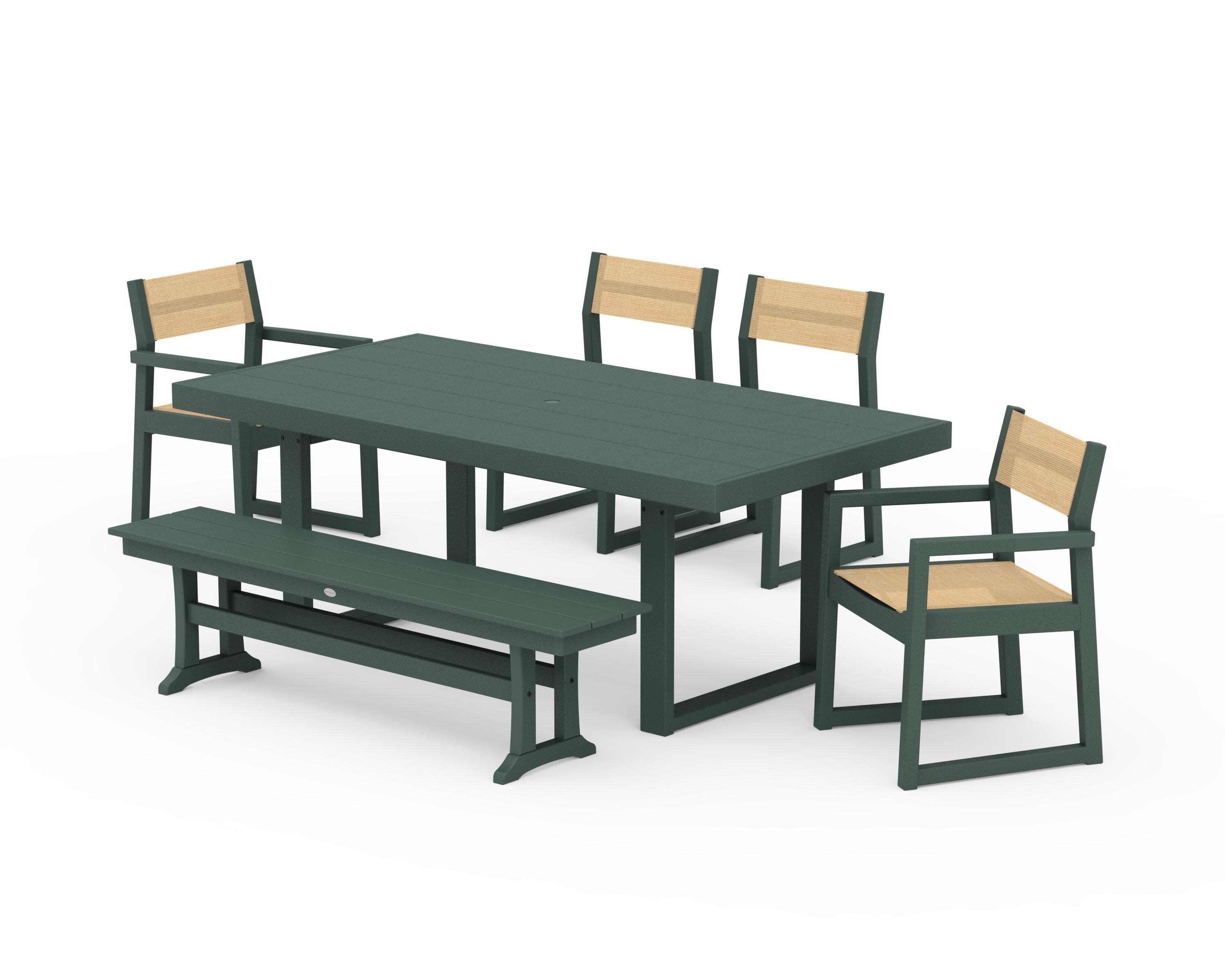 EDGE Sling 6-Piece Dining Set with Bench in Green / Dupioni Apricot Sling