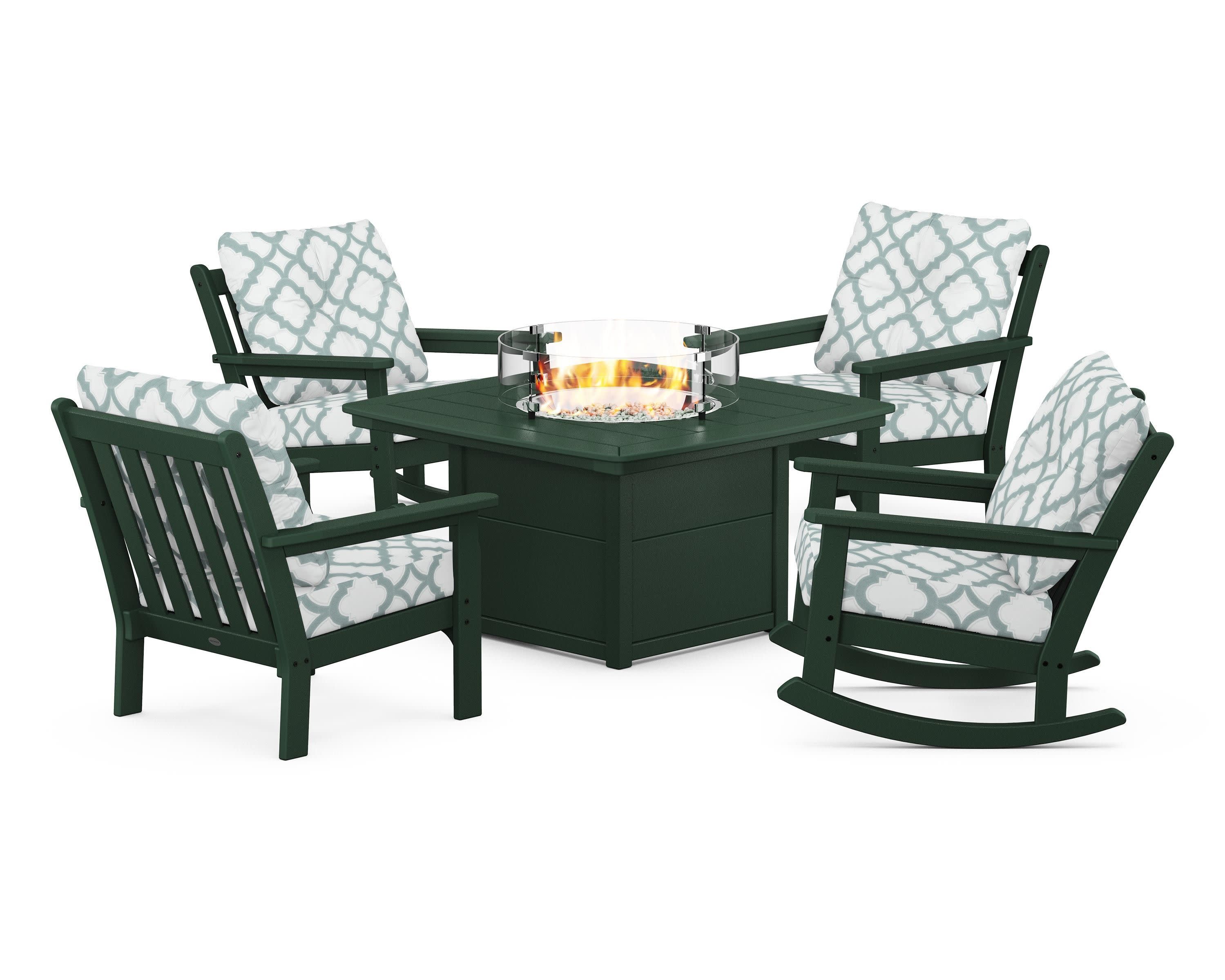Vineyard 5-Piece Deep Seating Rocking Chair Conversation Set with Fire Pit Table in Green / Trellis Glacier Spa