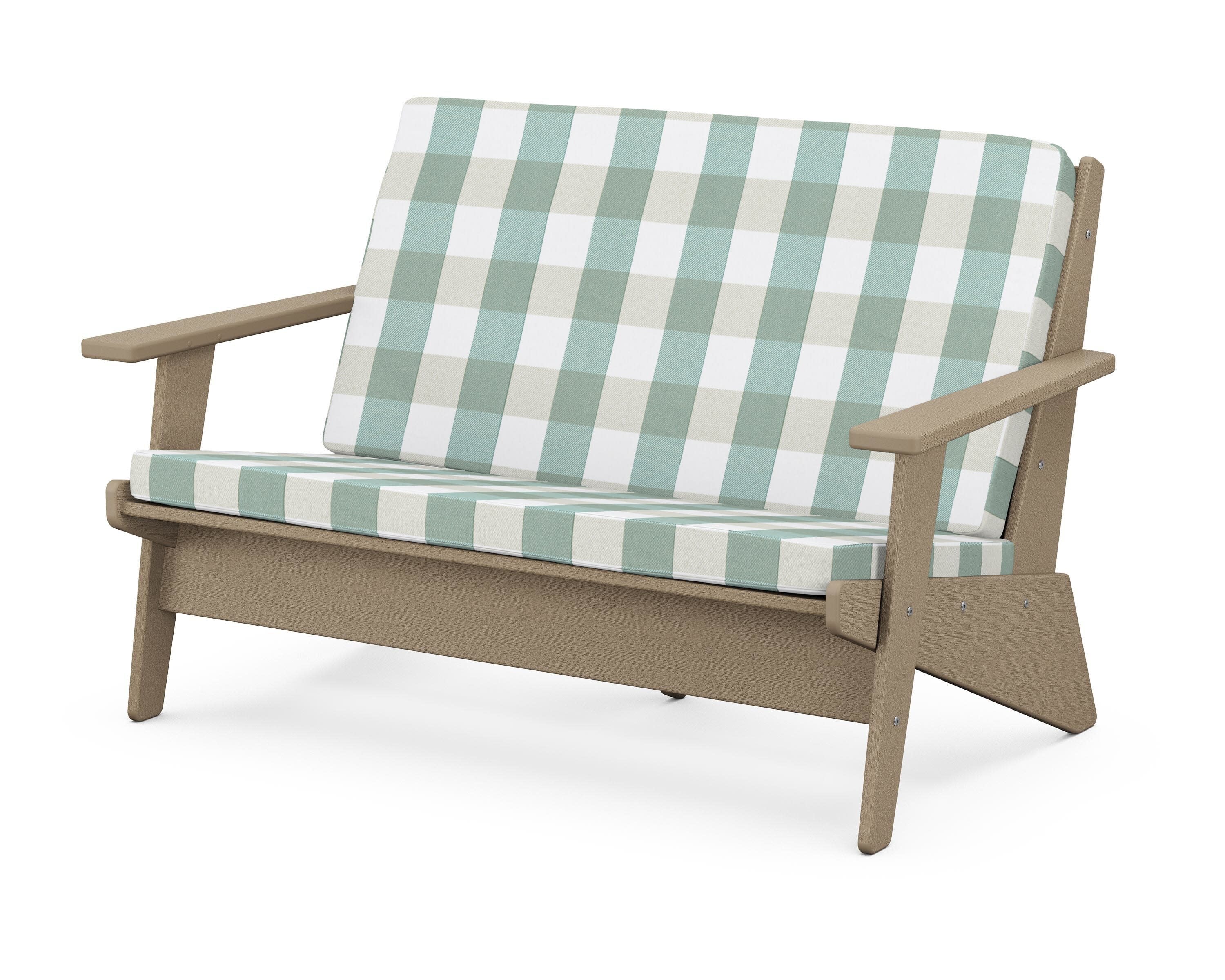 Riviera Modern Lounge Loveseat in Vintage Sahara / Buffalo Plaid Glacier Spa