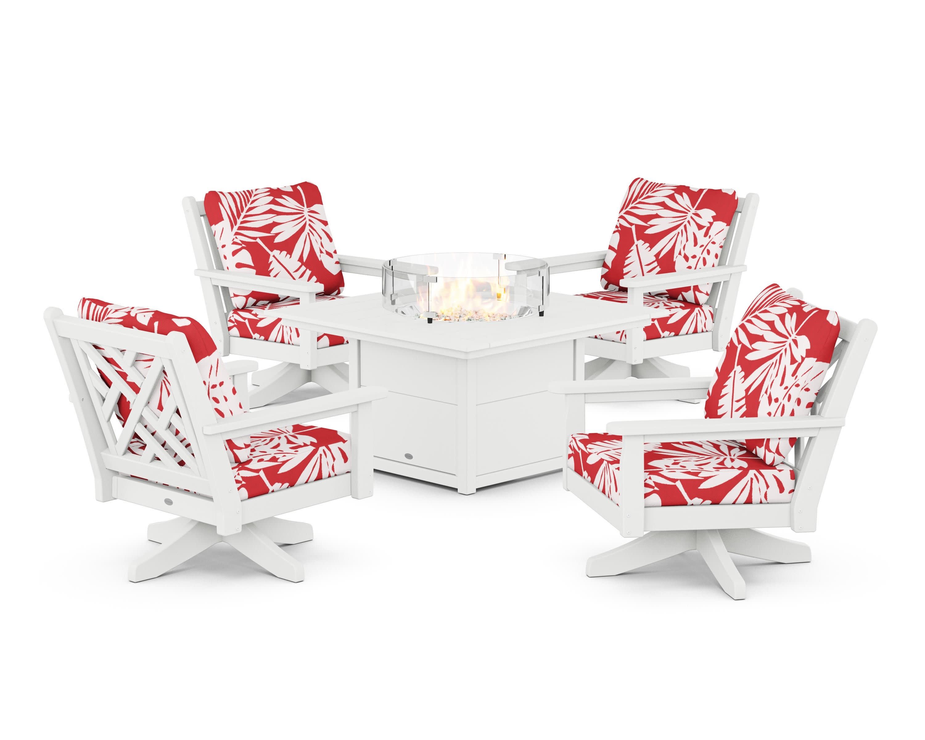 Chippendale 5-Piece Deep Seating Swivel Conversation Set with Fire Pit Table in White / Leaf Crimson
