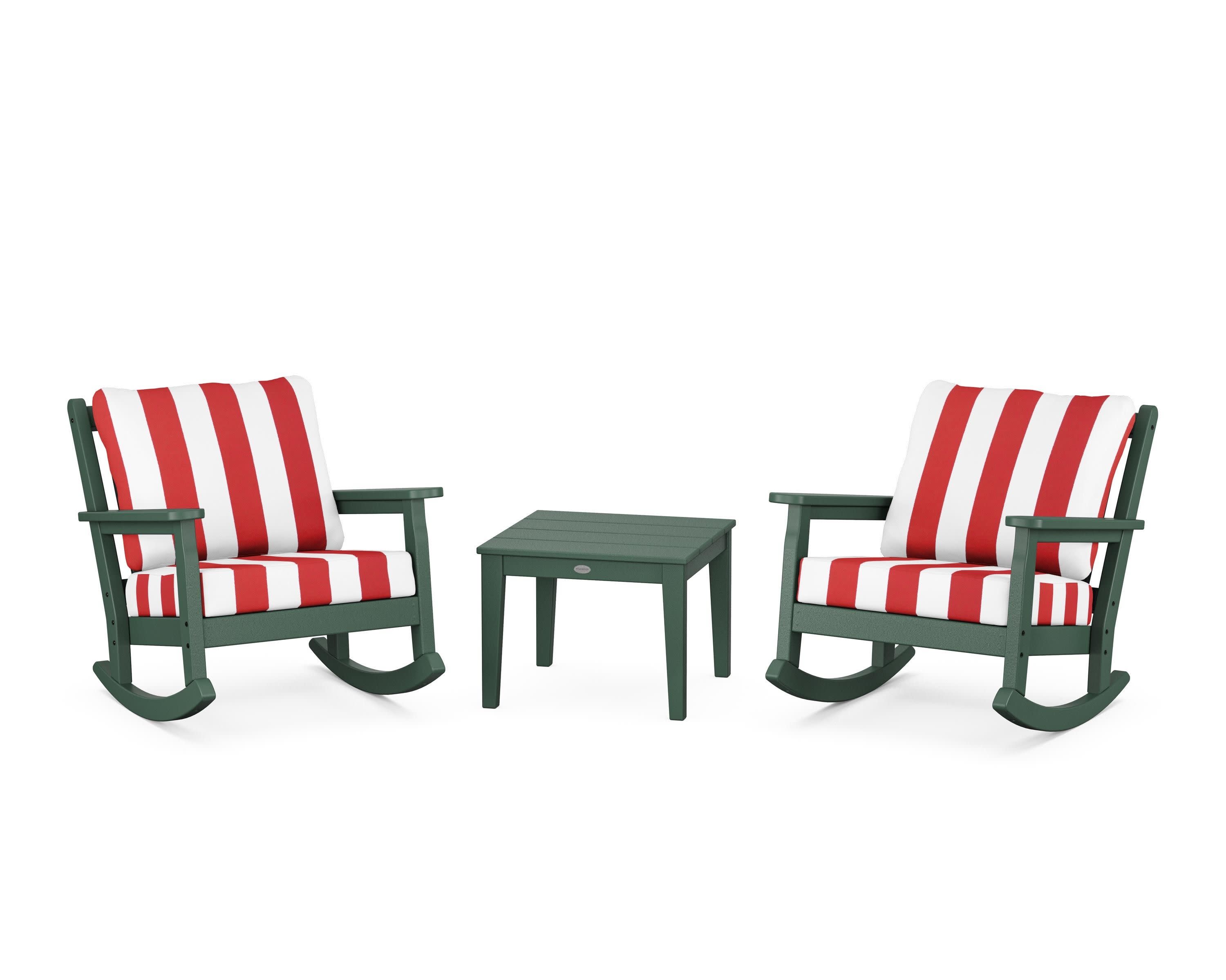 Chippendale 3-Piece Deep Seating Rocker Set in Green / Cabana Stripe Crimson