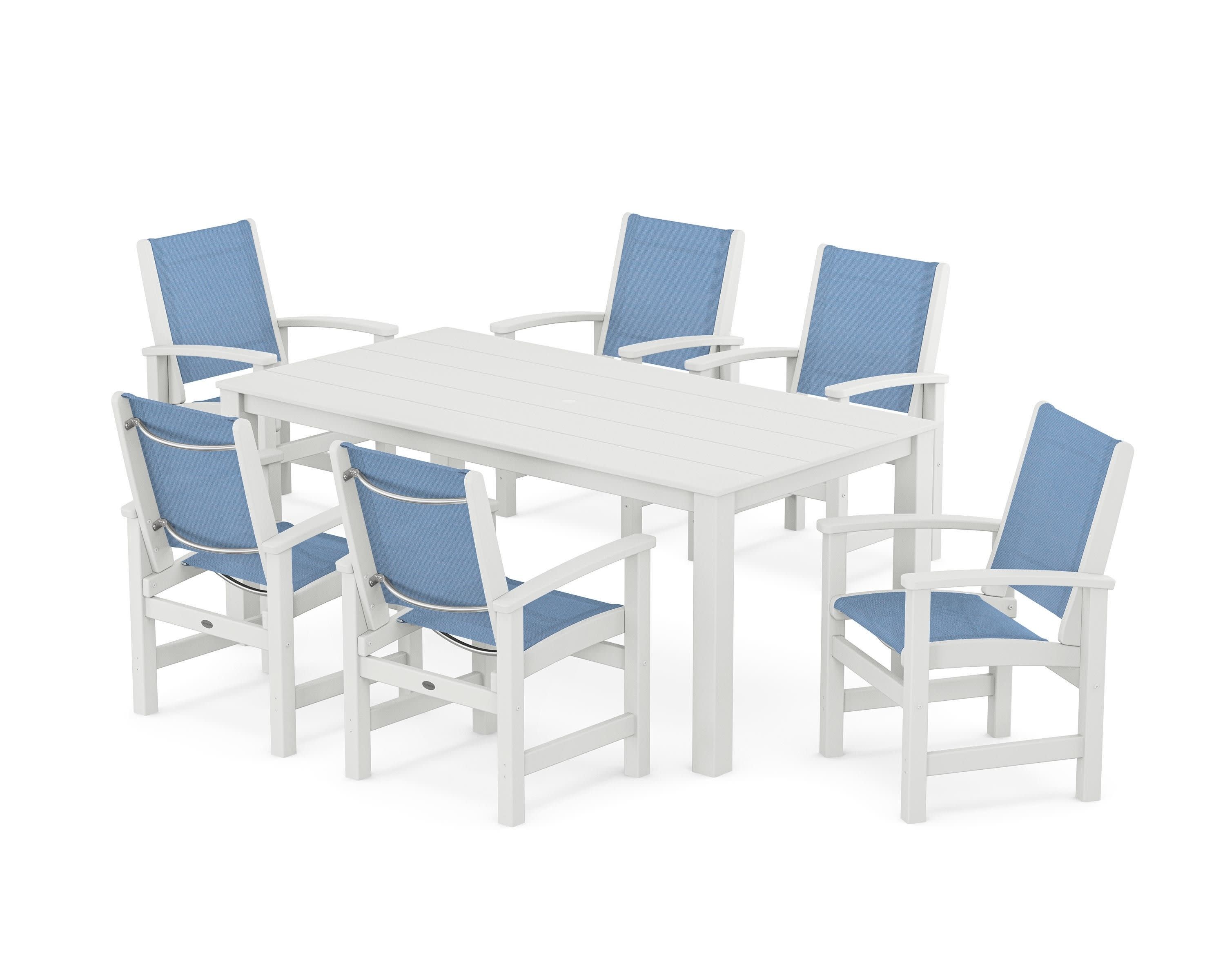 Coastal 7-Piece Parsons Dining Set in White / Poolside Sling