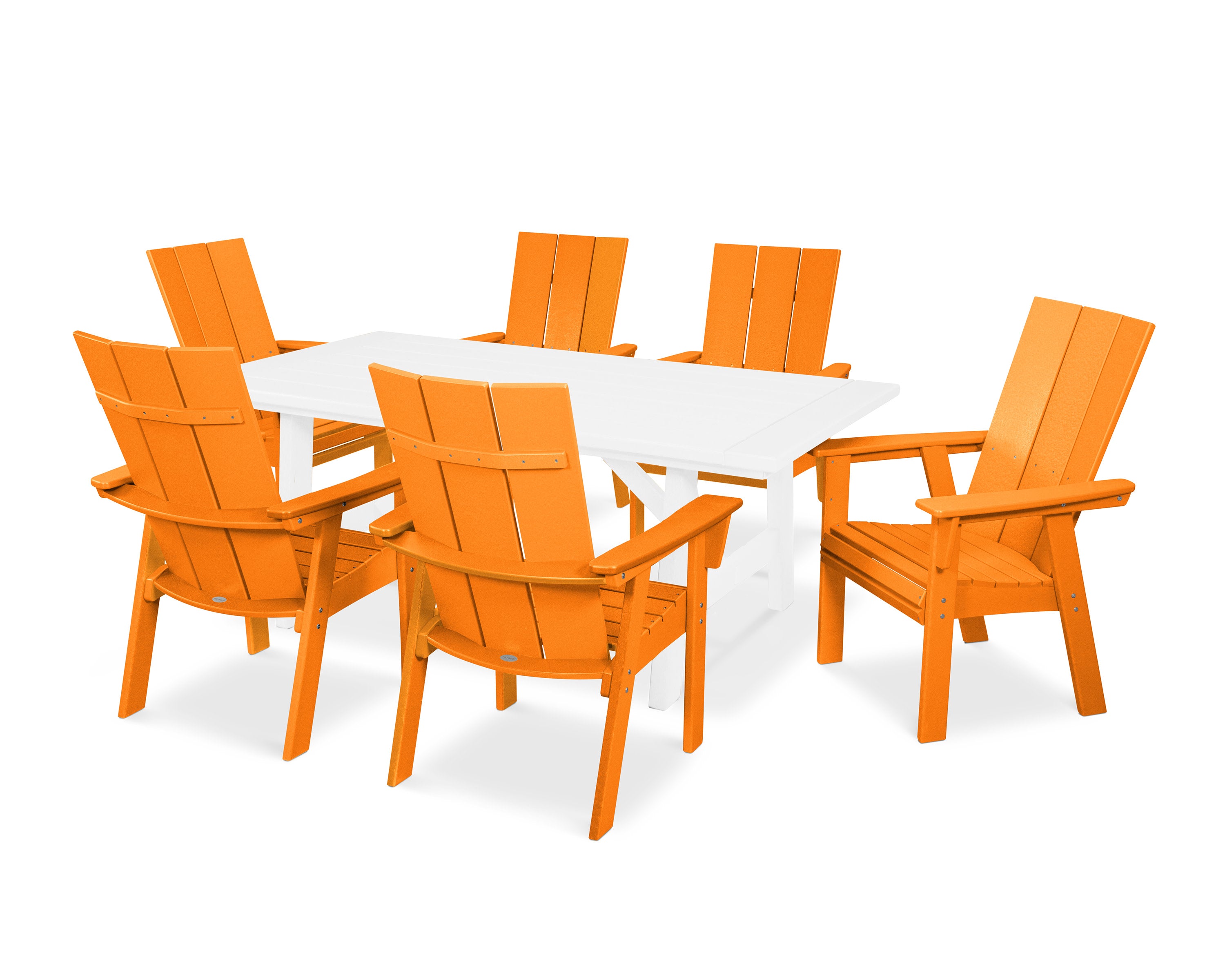 Modern Curveback Adirondack 7-Piece Rustic Farmhouse Dining Set in Tangerine / White
