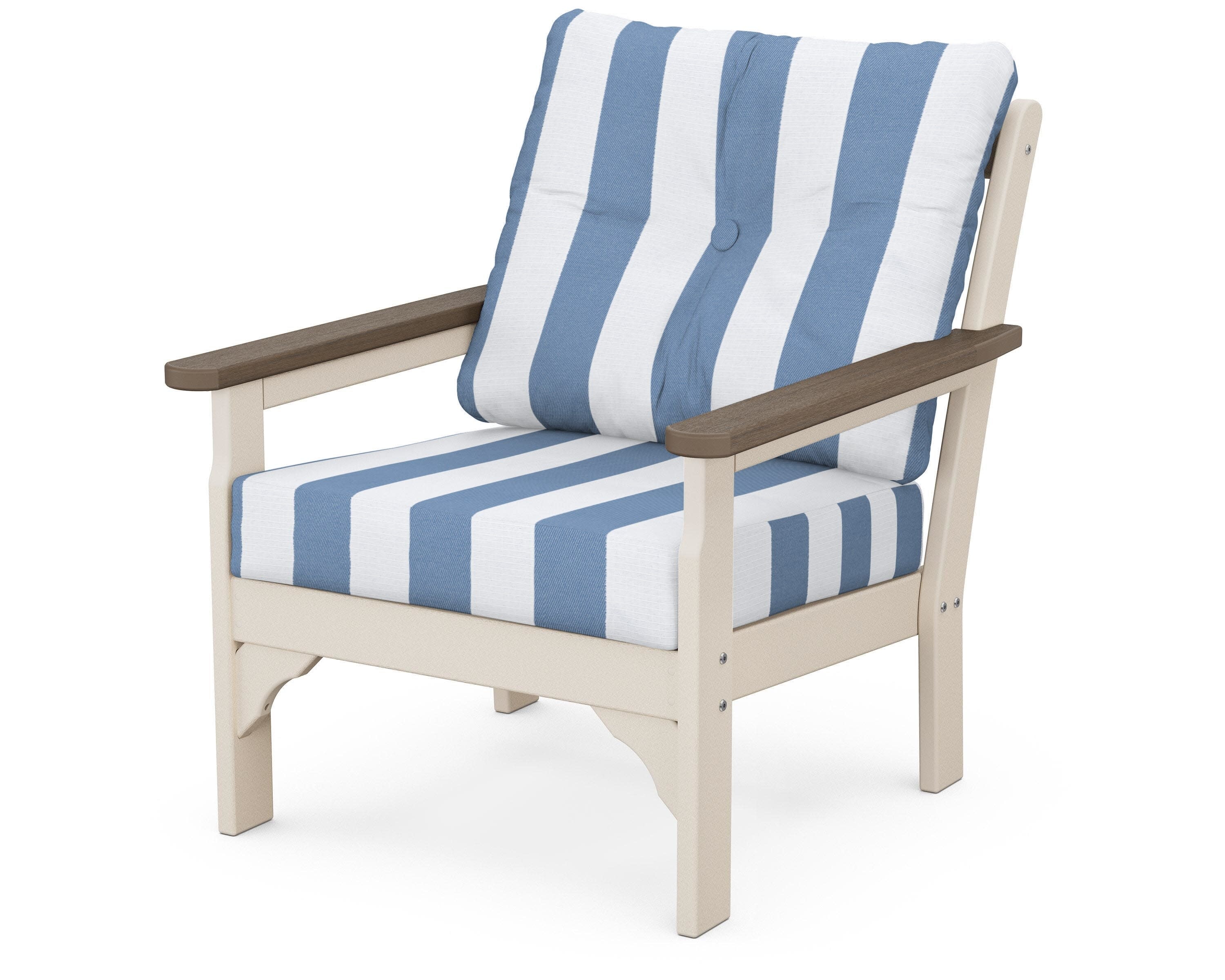 Vineyard Deep Seating Chair in Sand / Kona / Cabana Stripe Sky Blue