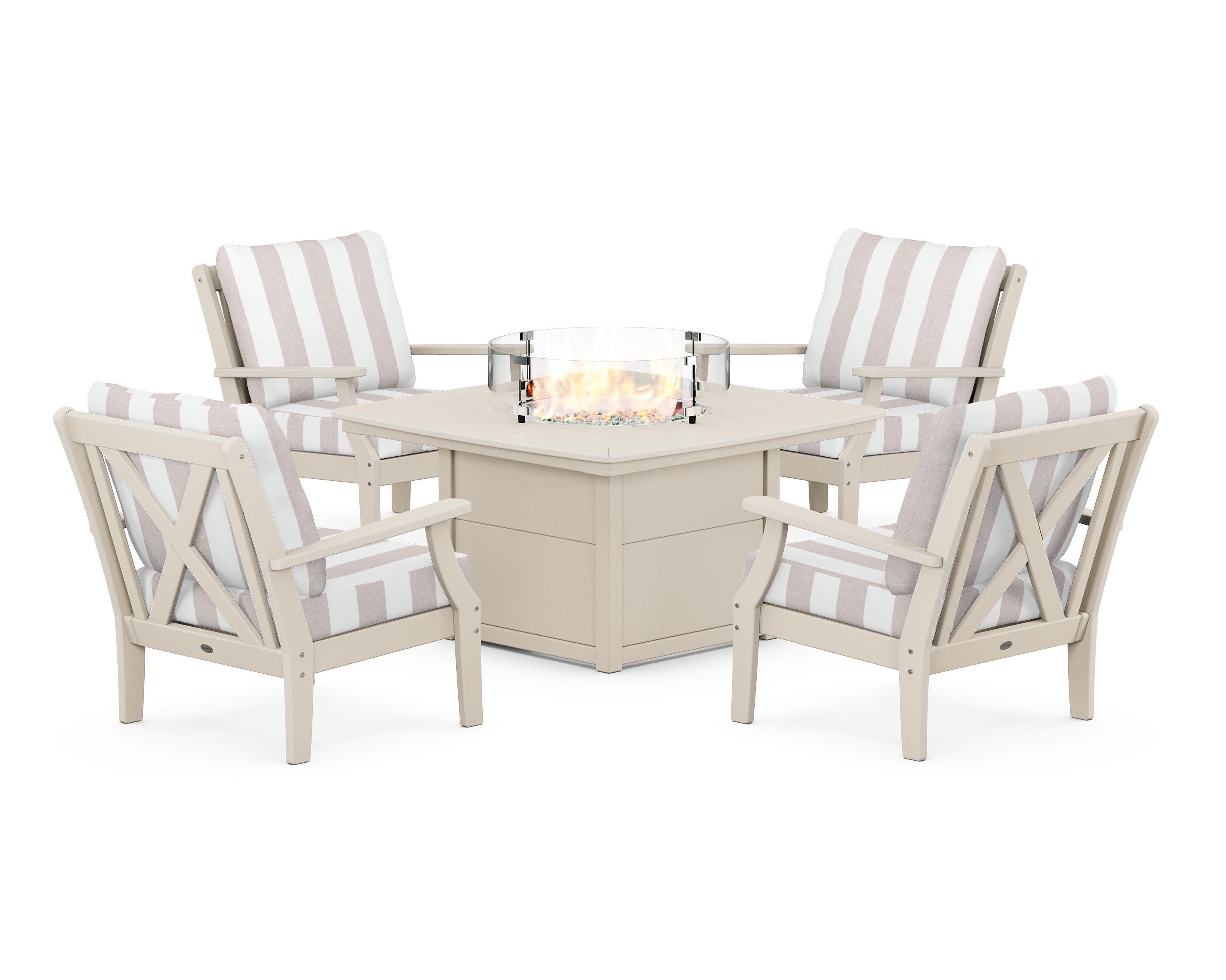 Braxton 5-Piece Deep Seating Conversation Set with Fire Pit Table in Sand / Cabana Stripe Dune Burlap