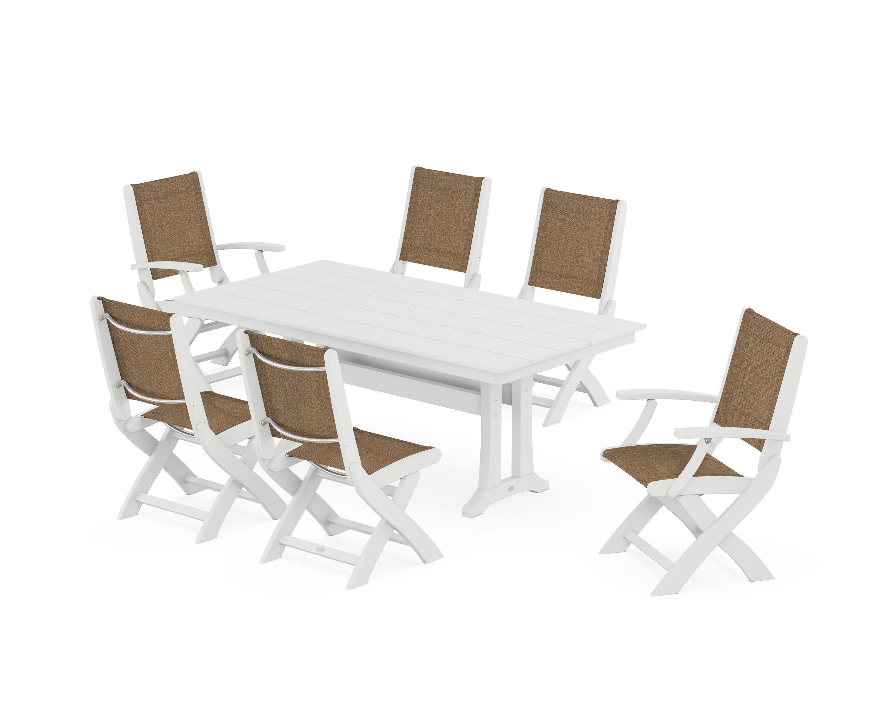 Coastal Folding Chair 7-Piece Farmhouse Dining Set with Trestle Legs in White / Burlap Sling