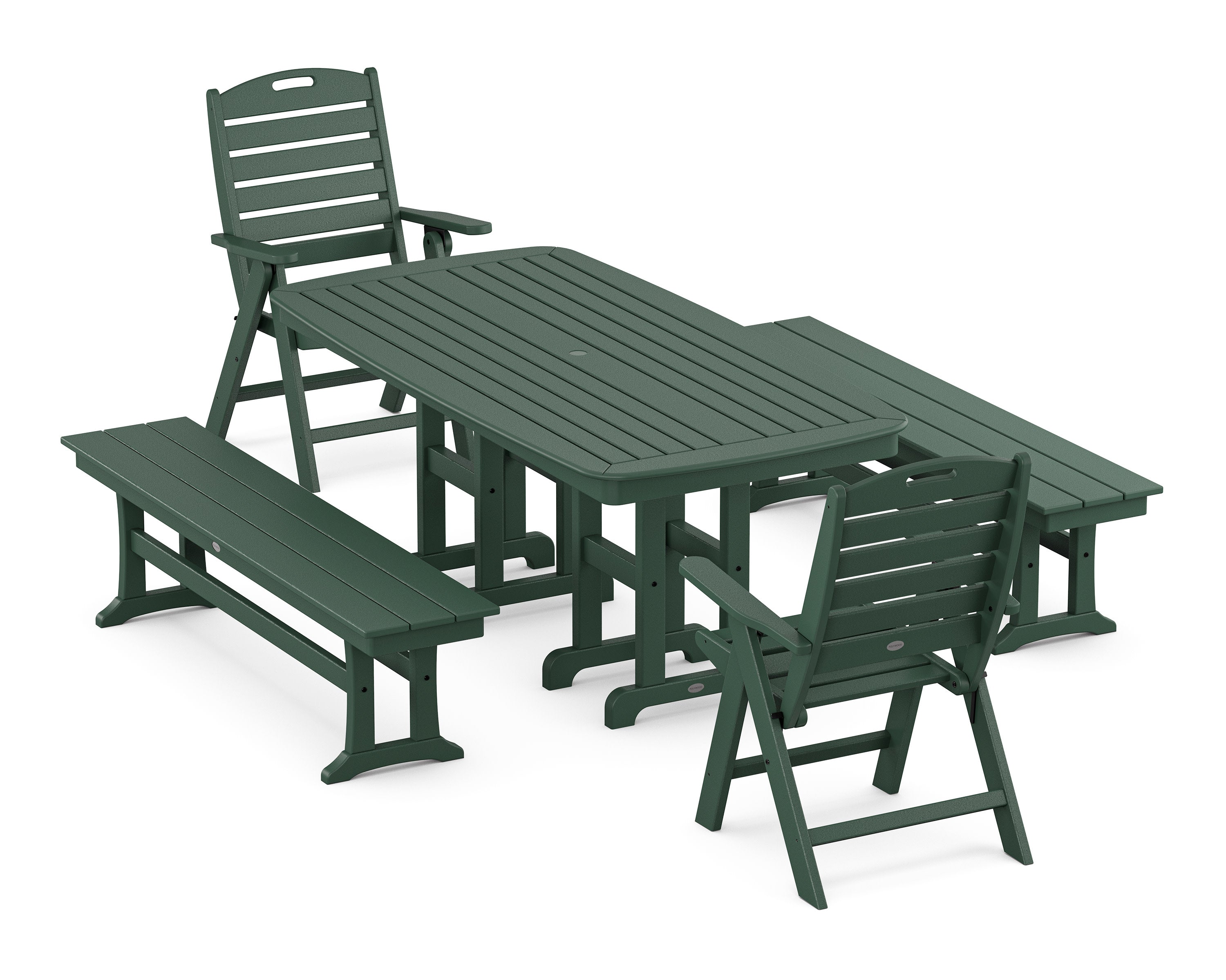 Nautical Highback 5-Piece Dining Set with Benches in Green