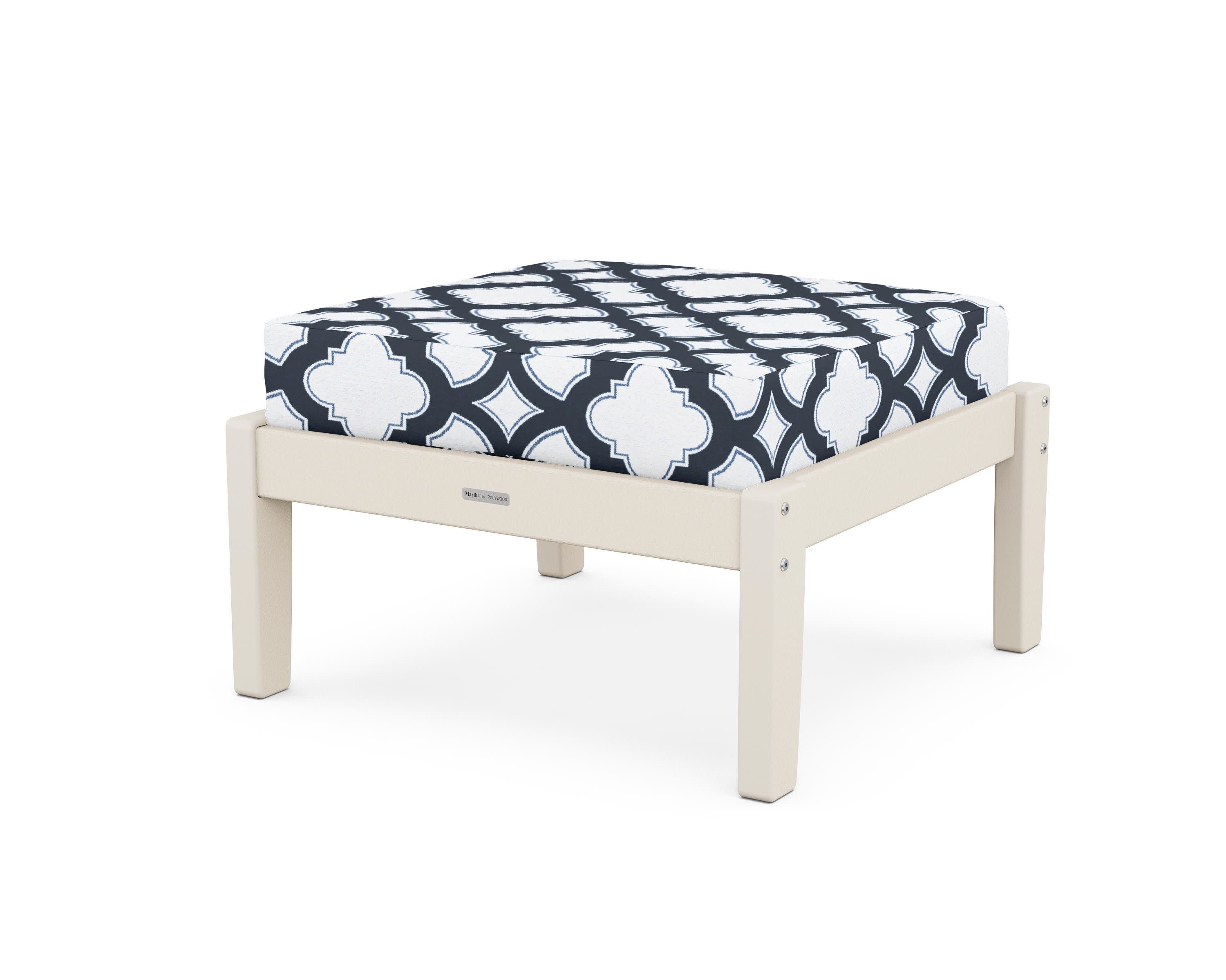 Chinoiserie Deep Seating Ottoman in Sand / Trellis Marine Indigo