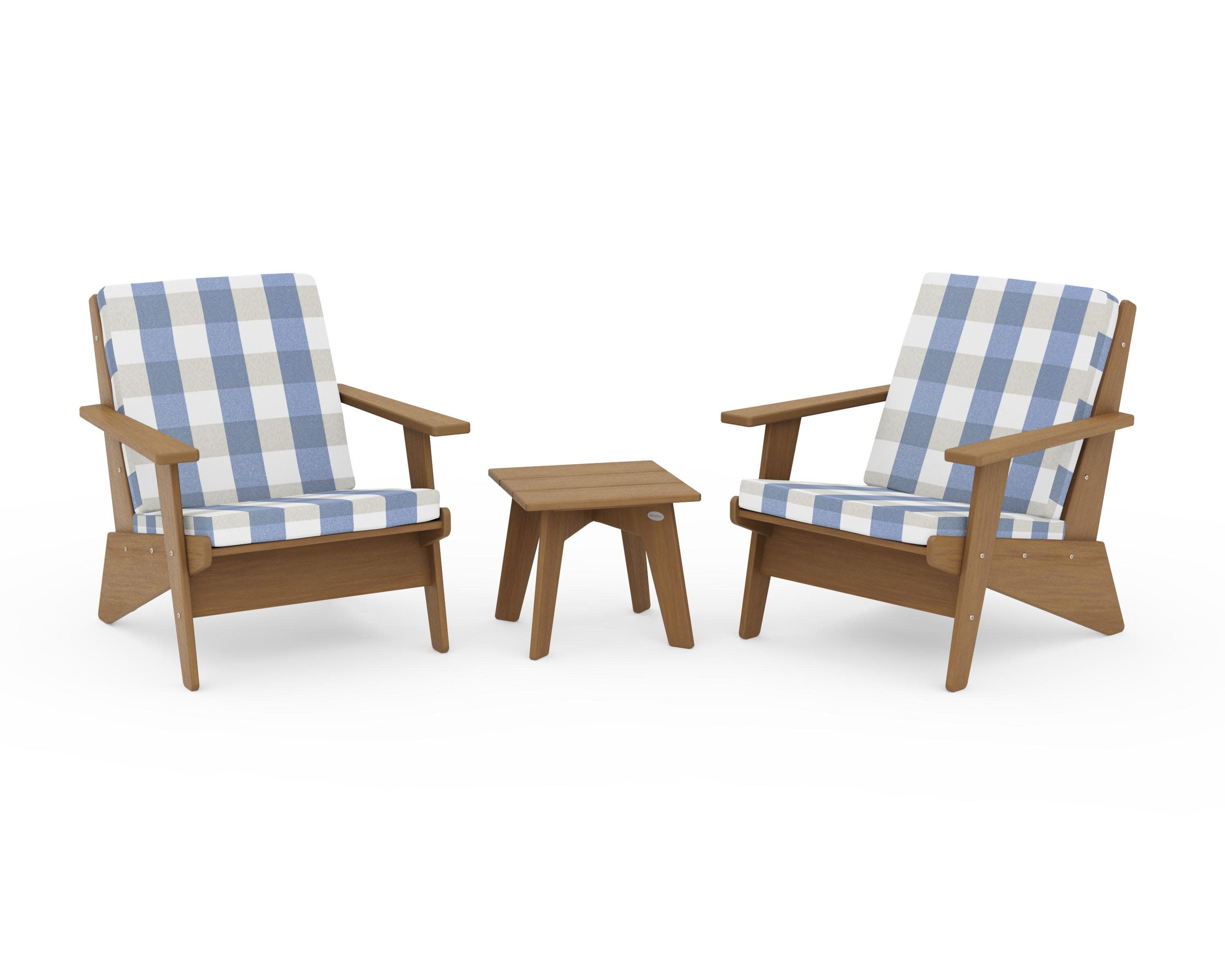 Riviera Modern Lounge 3-Piece Set in Natural / Buffalo Plaid Sky Blue