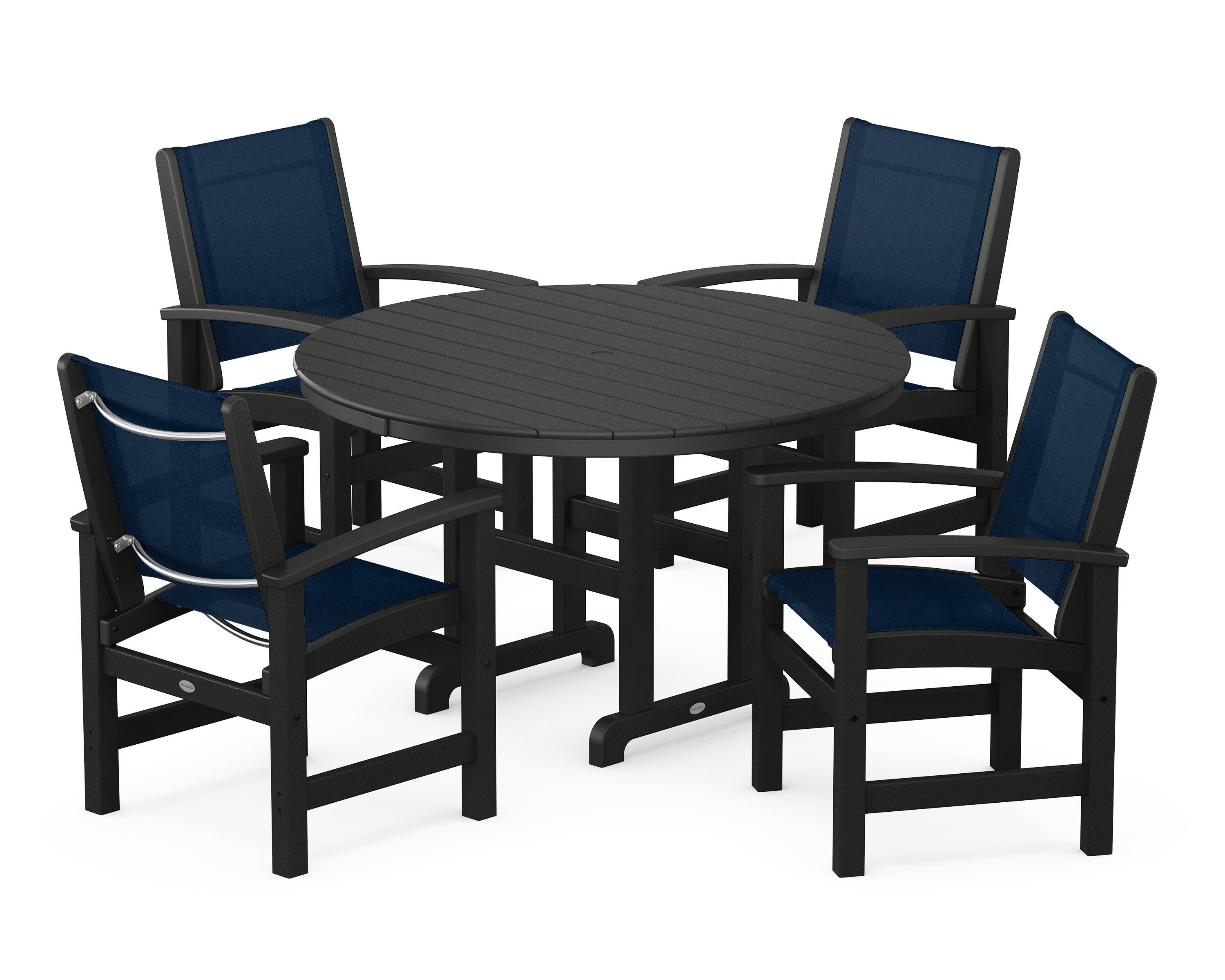 Coastal 5-Piece Round Farmhouse Dining Set in Black / Navy Blue Sling