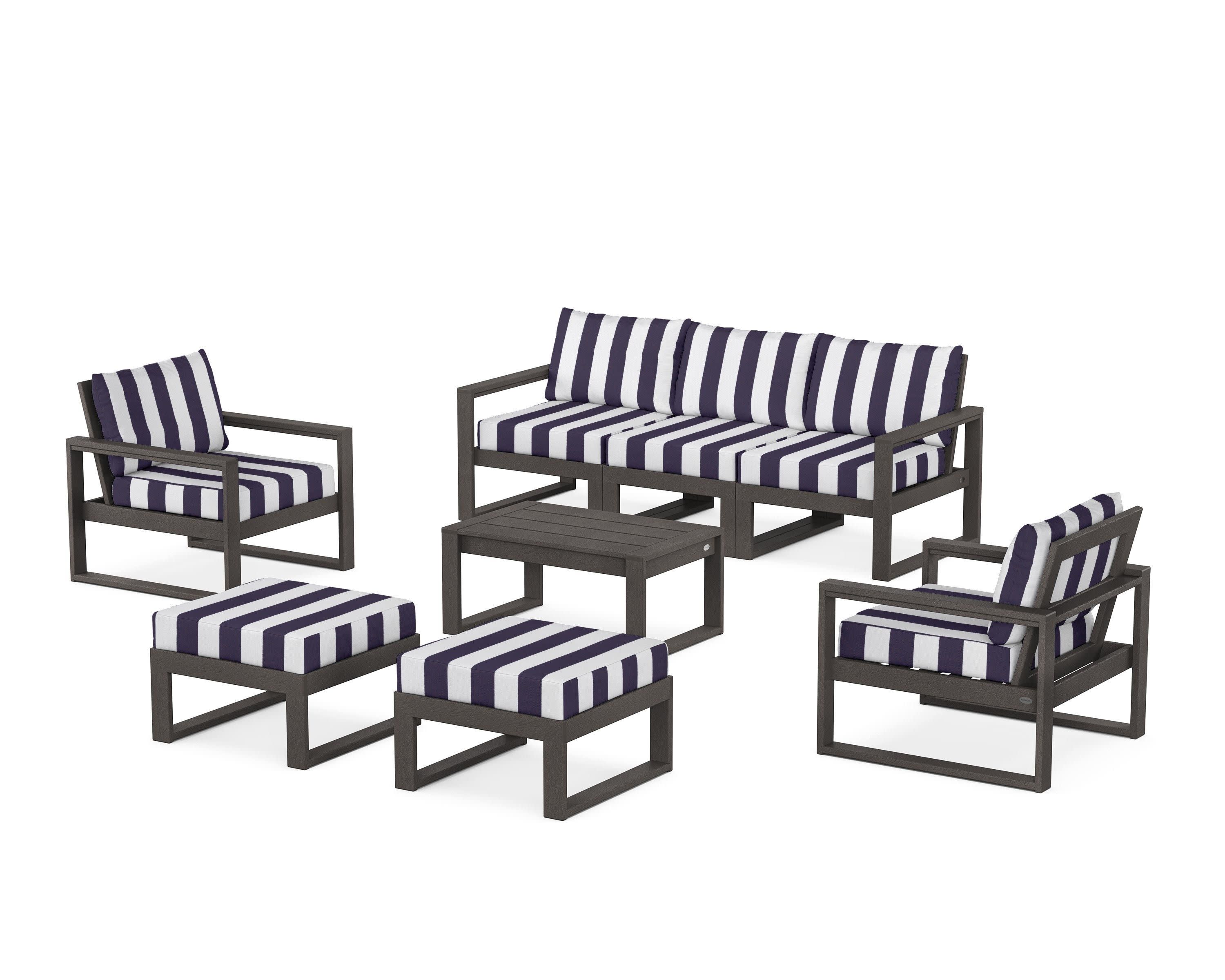 EDGE Sectional 8-Piece Lounge Sofa Set in Vintage Coffee / Cabana Stripe Navy