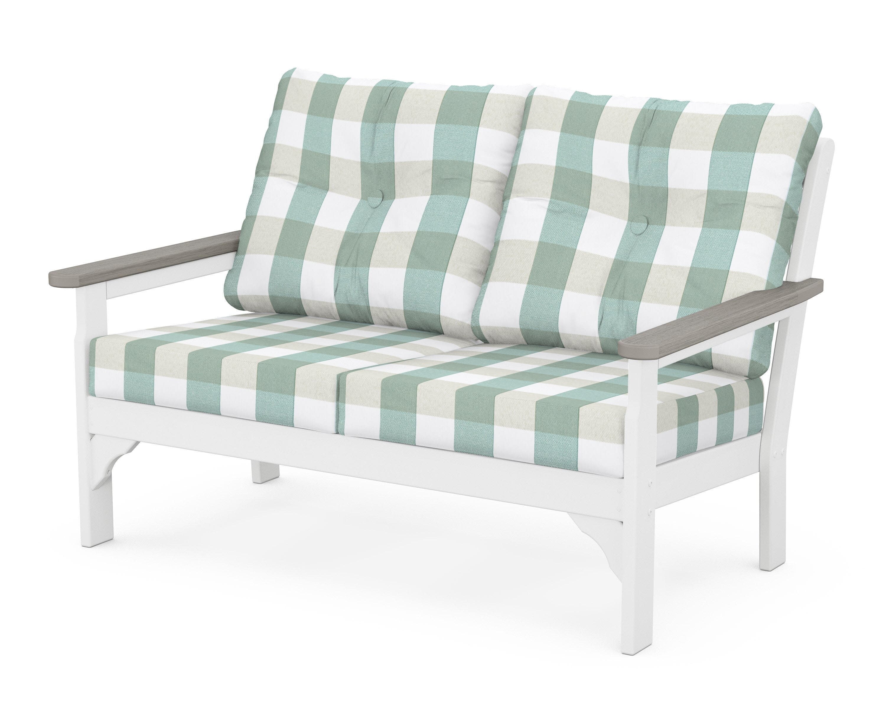 Vineyard Deep Seating Loveseat in White / Driftwood / Buffalo Plaid Glacier Spa