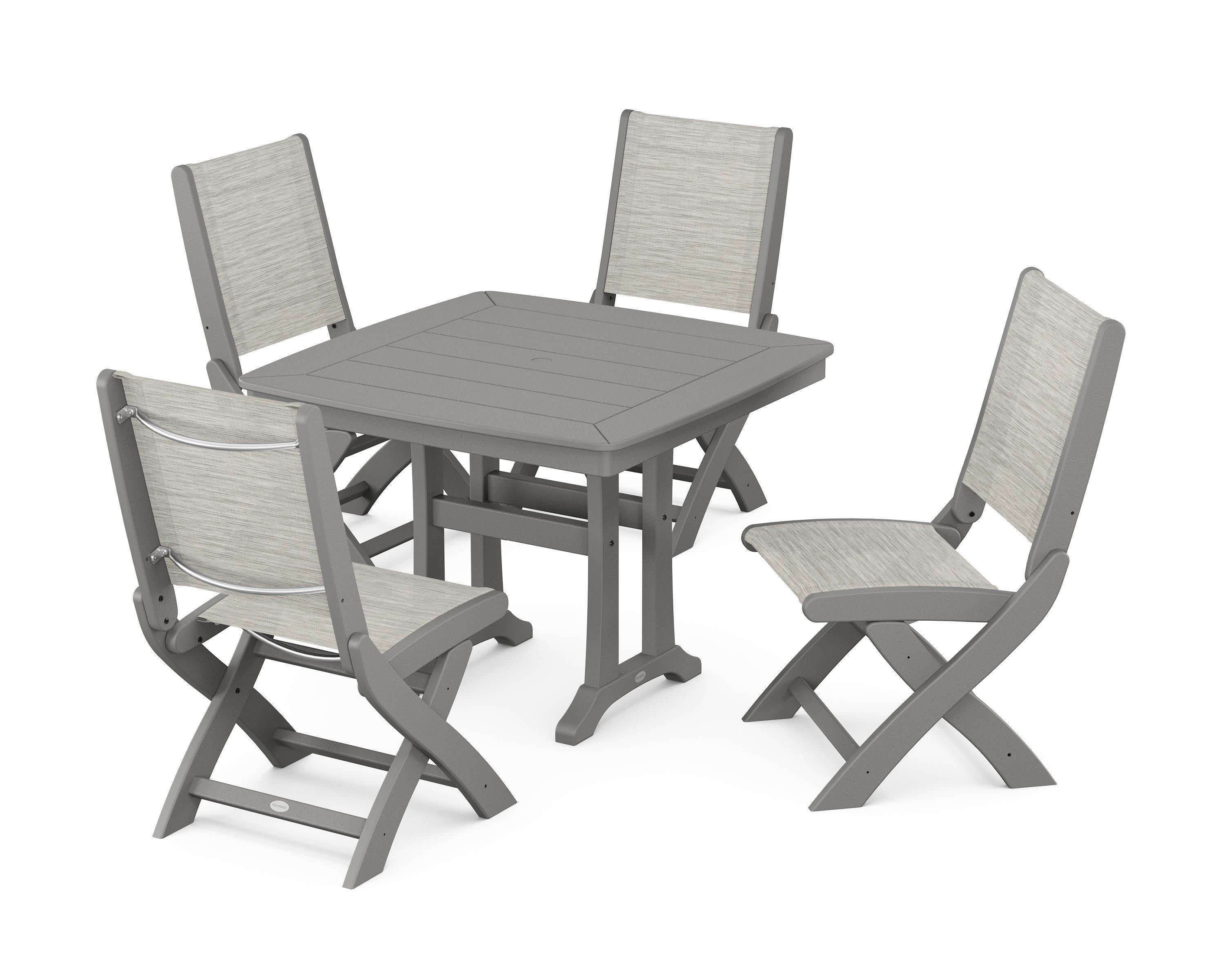 Coastal Folding Side Chair 5-Piece Dining Set with Trestle Legs in Slate Grey / Birch Sling