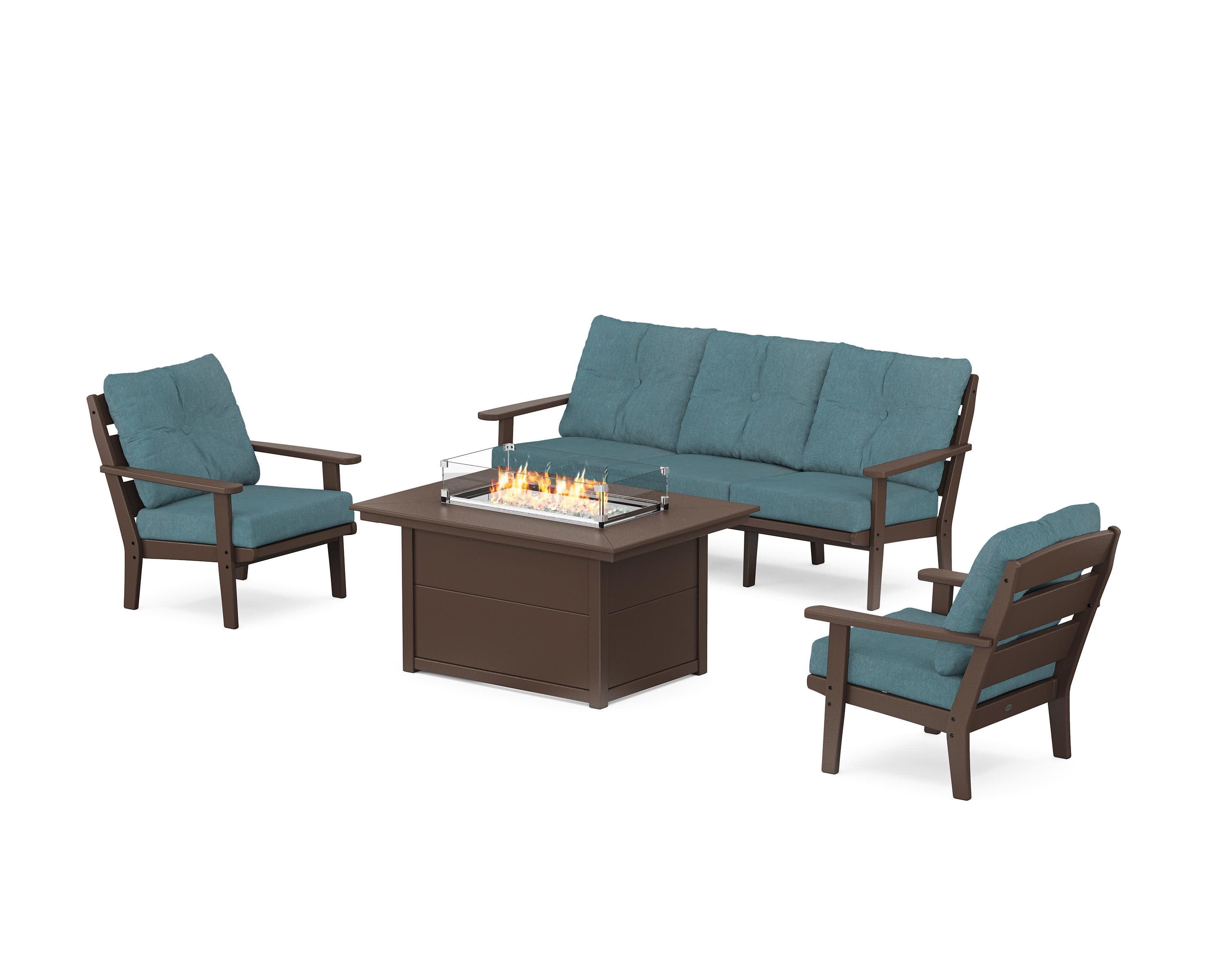 Lakeside Deep Seating Fire Pit Table Set in Mahogany / Ocean Teal