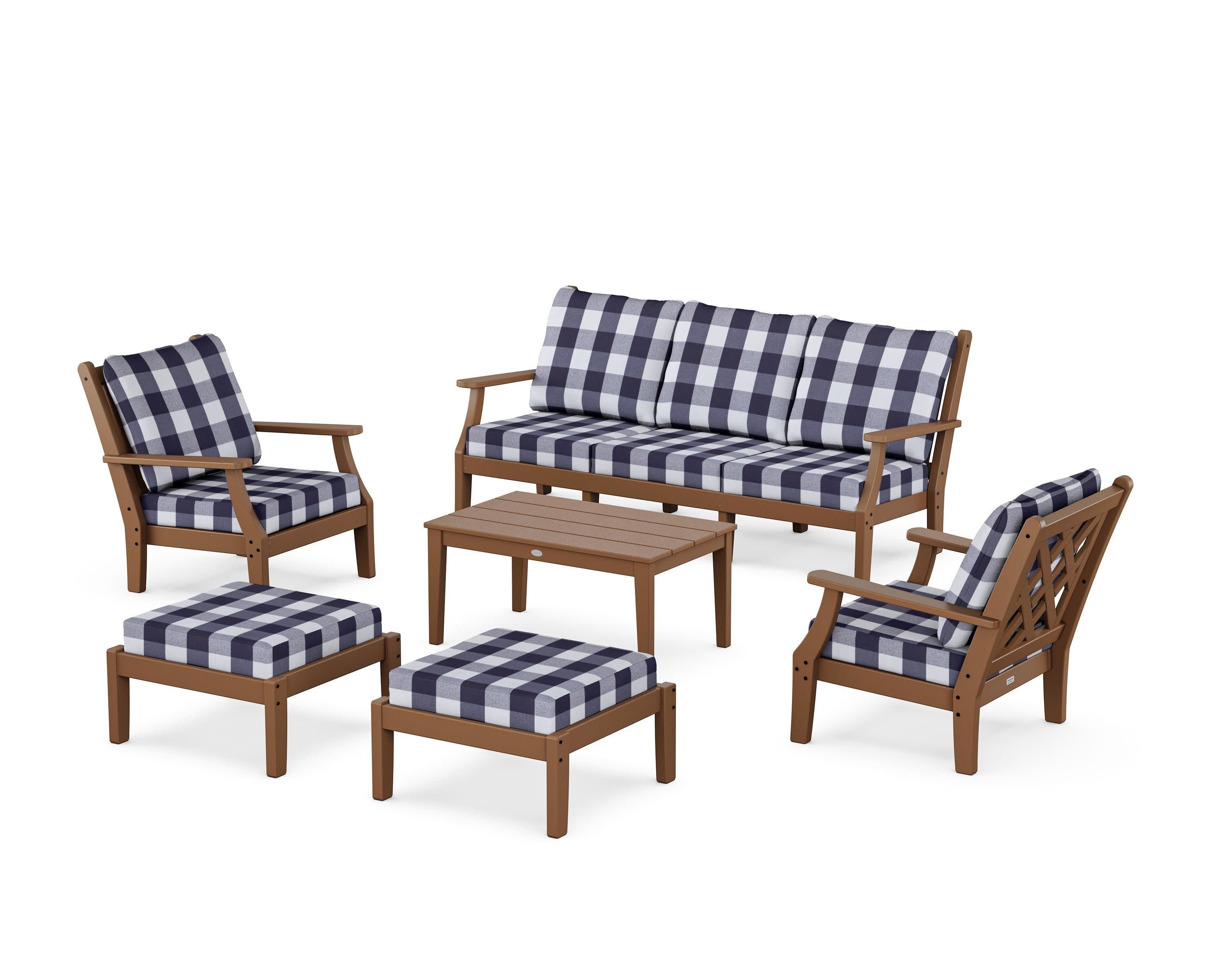 Wovendale 6-Piece Lounge Sofa Set in Teak / Buffalo Plaid Navy