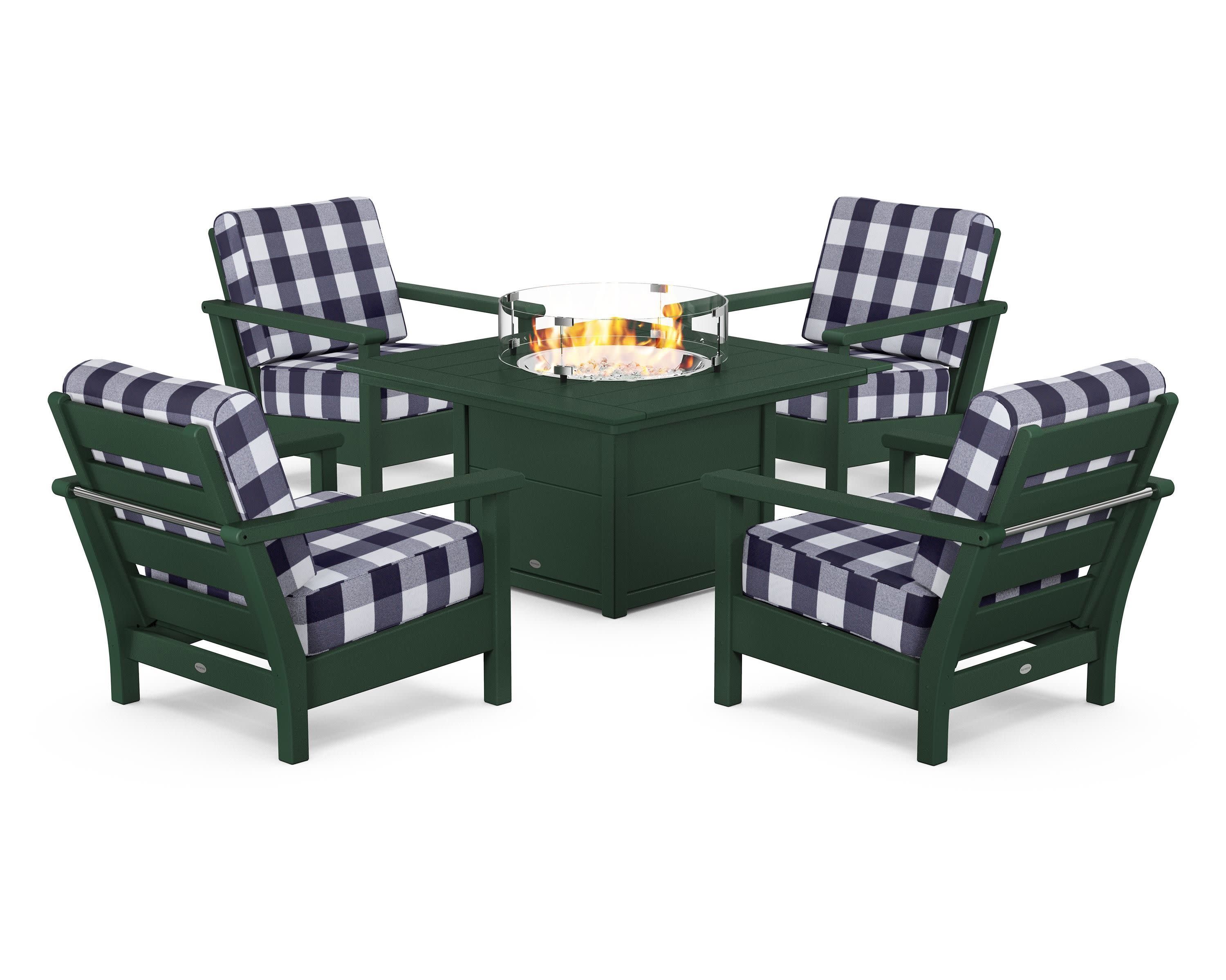 Harbour 5-Piece Conversation Set with Fire Pit Table in Green / Buffalo Plaid Navy