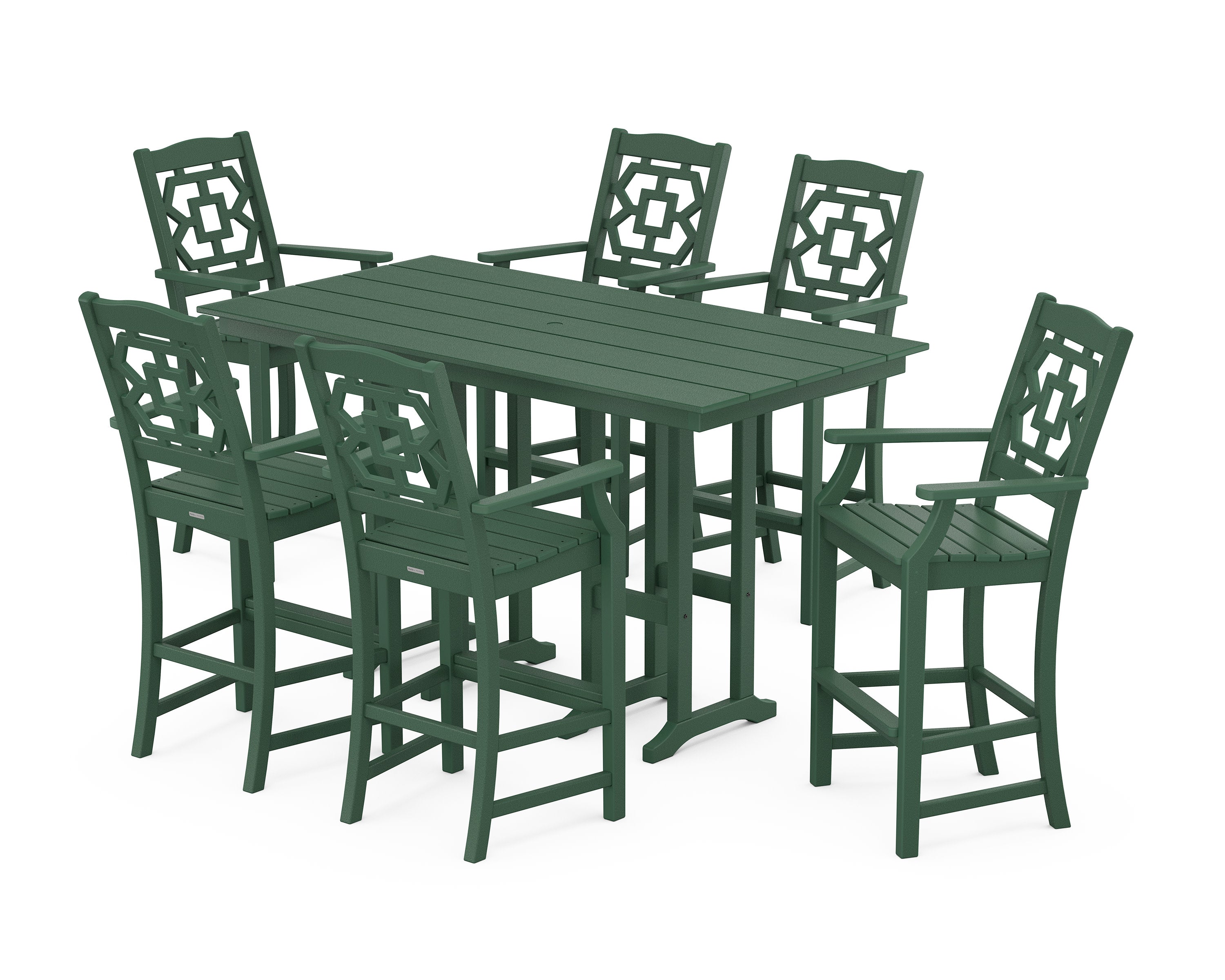 Chinoiserie Arm Chair 7-Piece Farmhouse Bar Set in Green