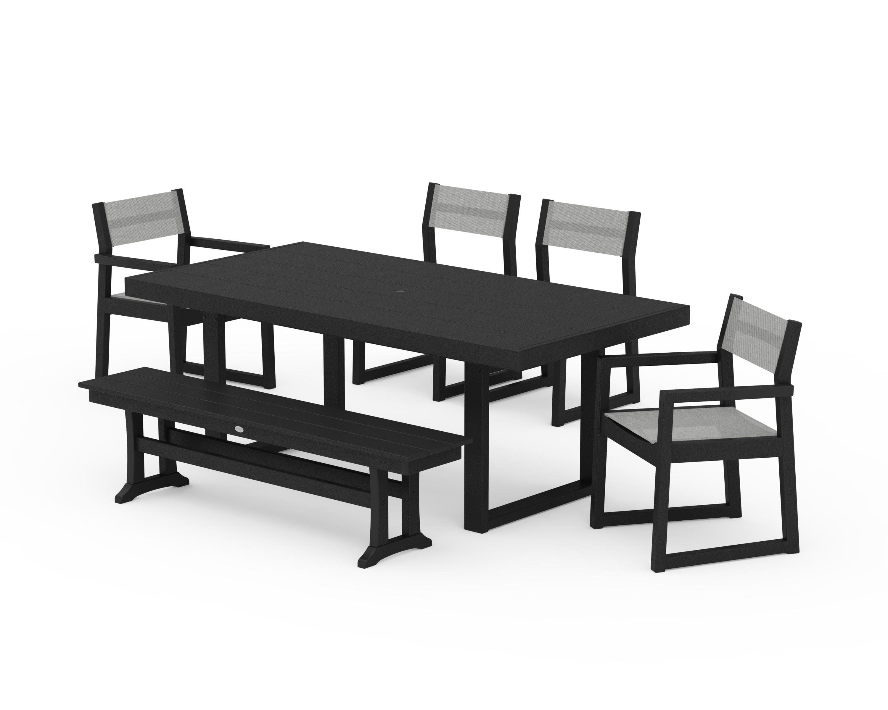 EDGE Sling 6-Piece Dining Set with Bench in Black / Metallic Sling