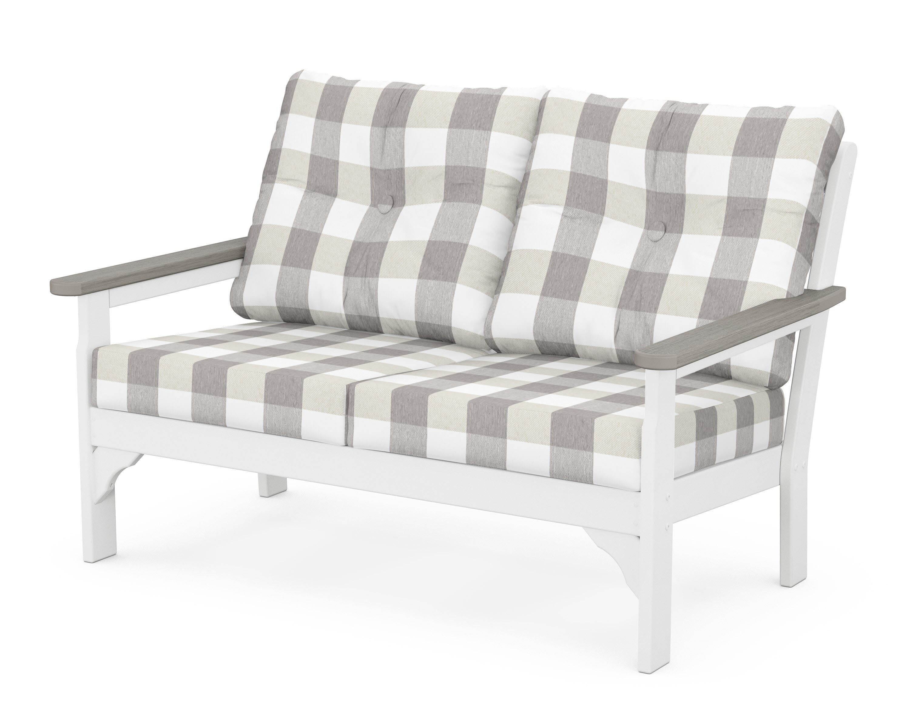 Vineyard Deep Seating Loveseat in White / Driftwood / Buffalo Plaid Grey Mist