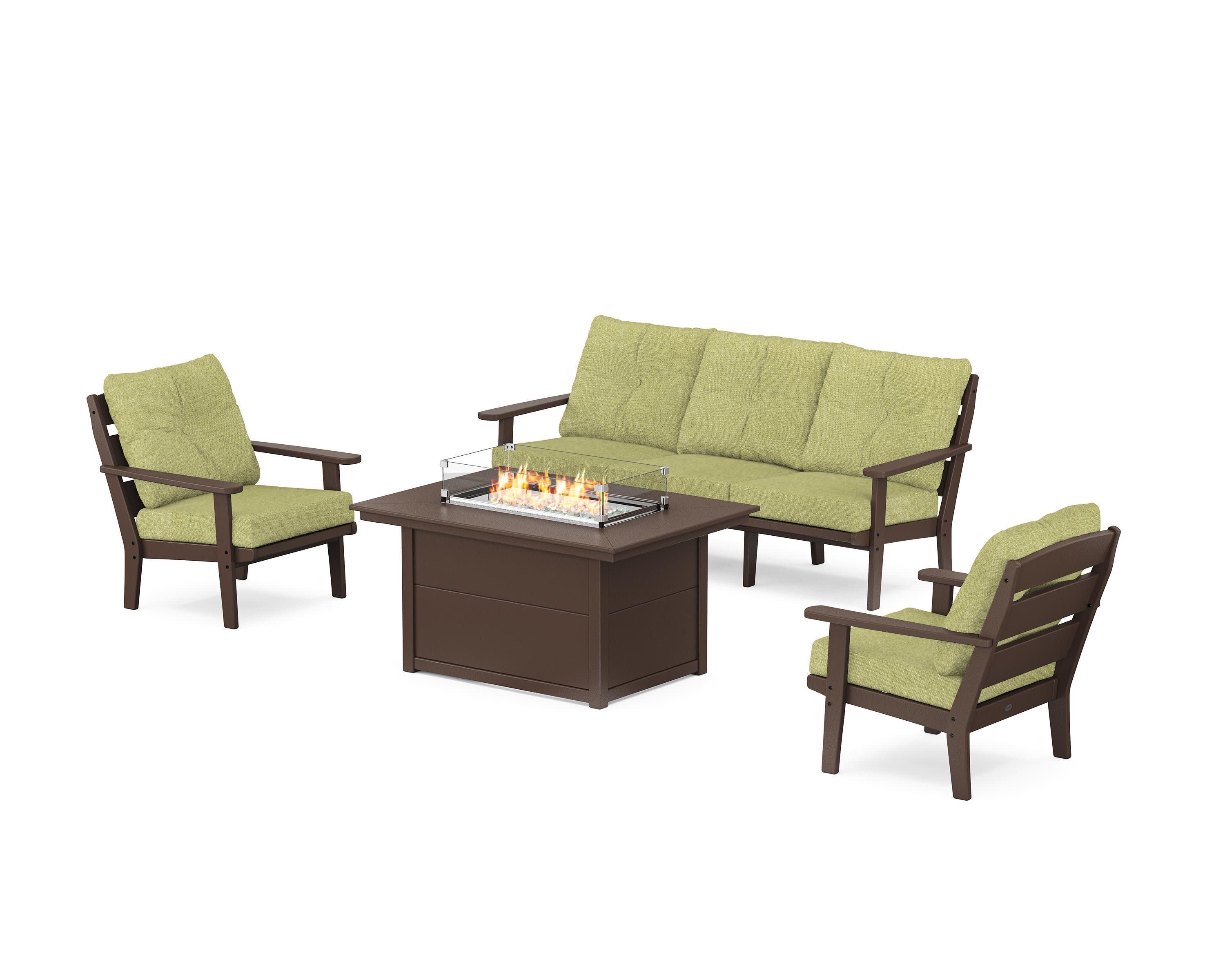 Lakeside Deep Seating Fire Pit Table Set in Mahogany / Chartreuse Boucle