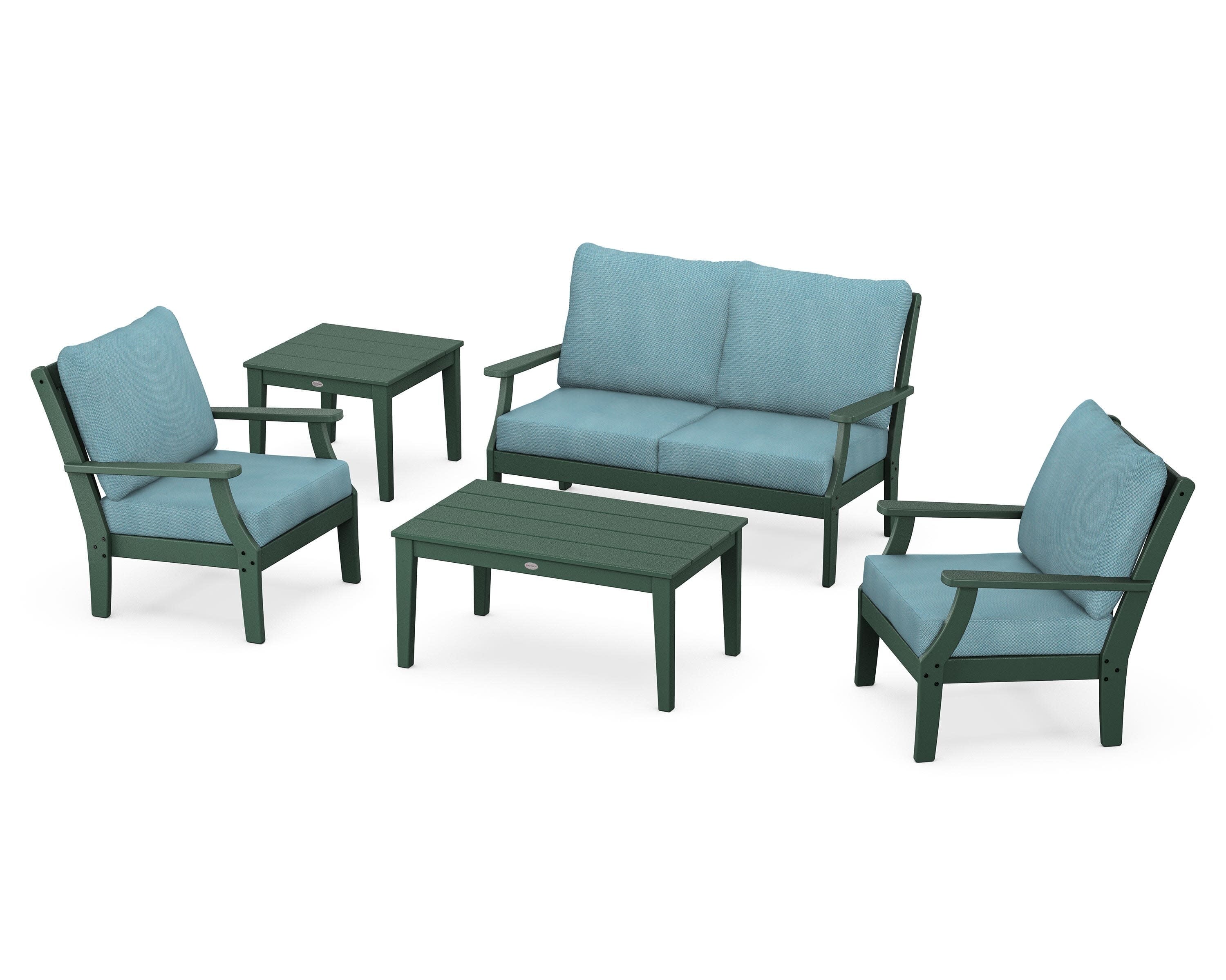 Braxton 5-Piece Deep Seating Set in Green / Lattice Sky Blue