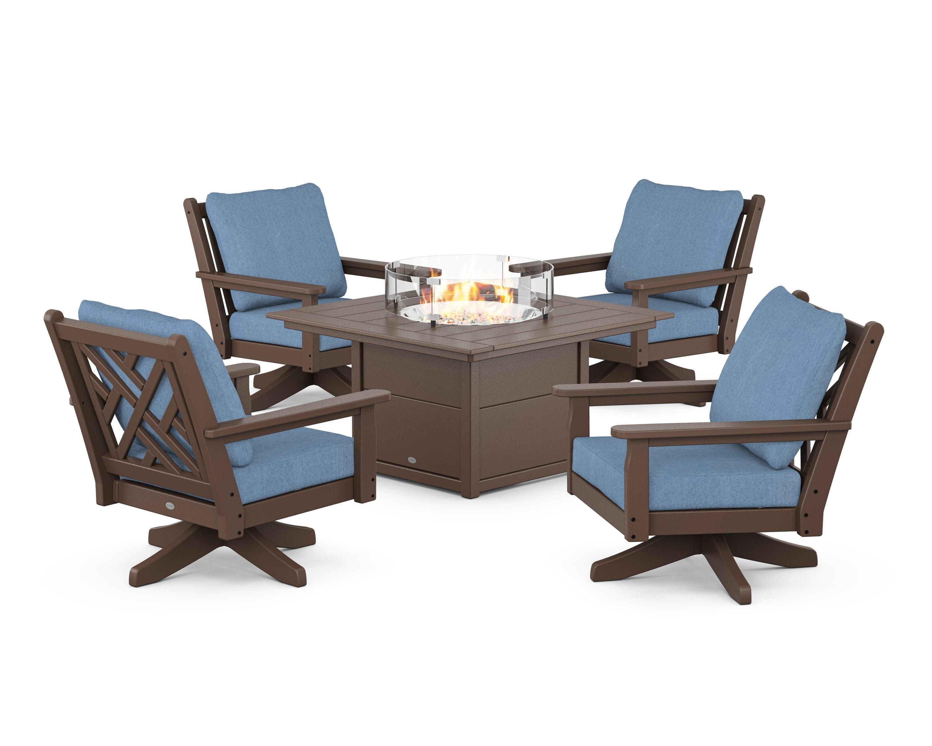 Chippendale 5-Piece Deep Seating Swivel Conversation Set with Fire Pit Table in Mahogany / Sky Blue