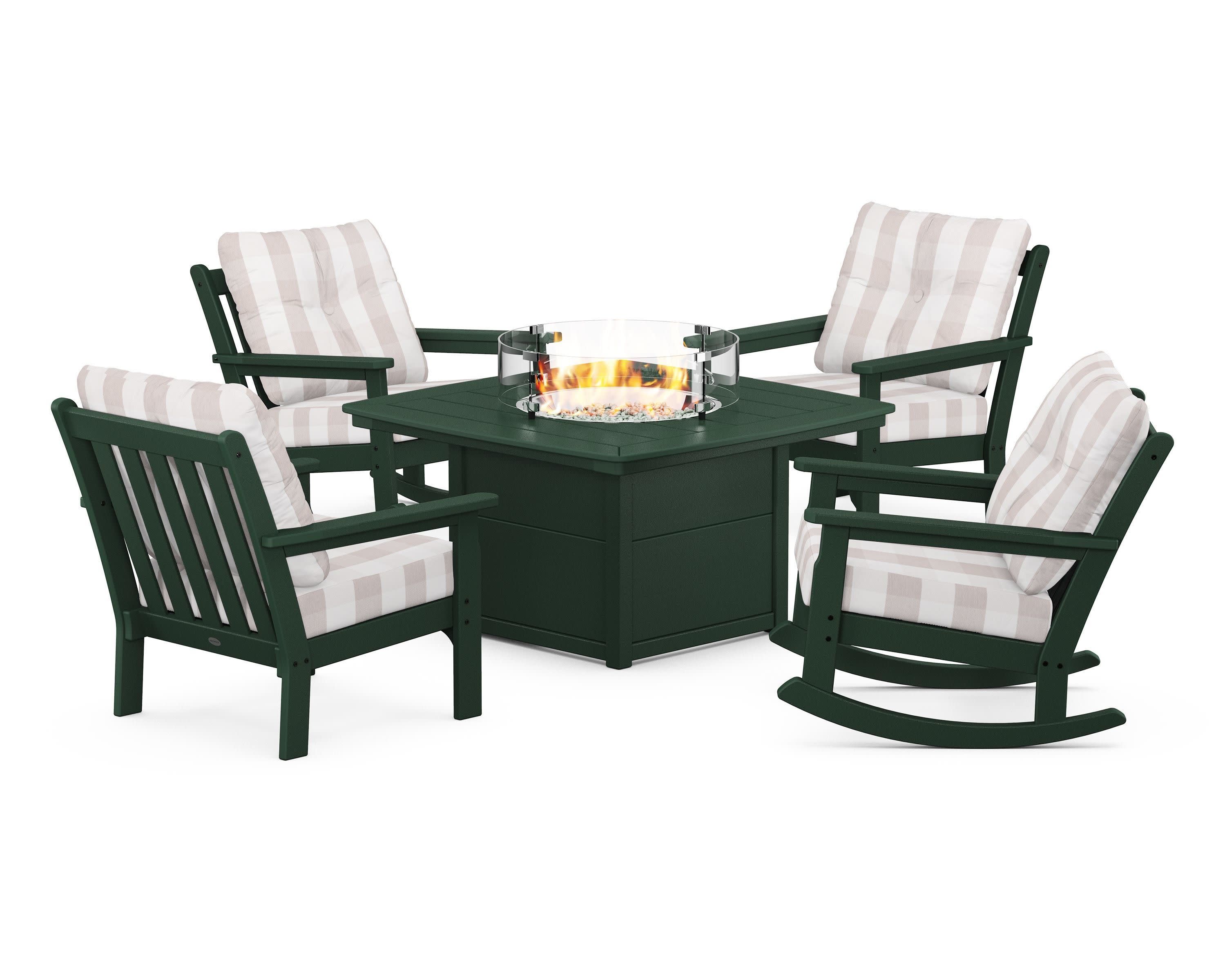 Vineyard 5-Piece Deep Seating Rocking Chair Conversation Set with Fire Pit Table in Green / Buffalo Plaid Dune Burlap