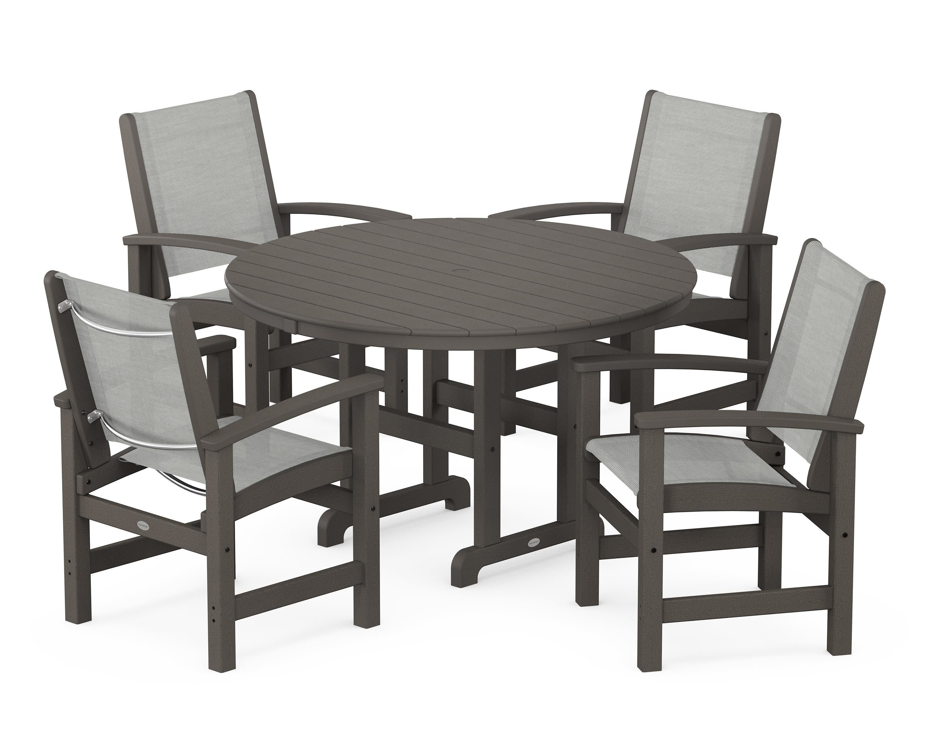 Coastal 5-Piece Round Farmhouse Dining Set in Vintage Coffee / Metallic Sling