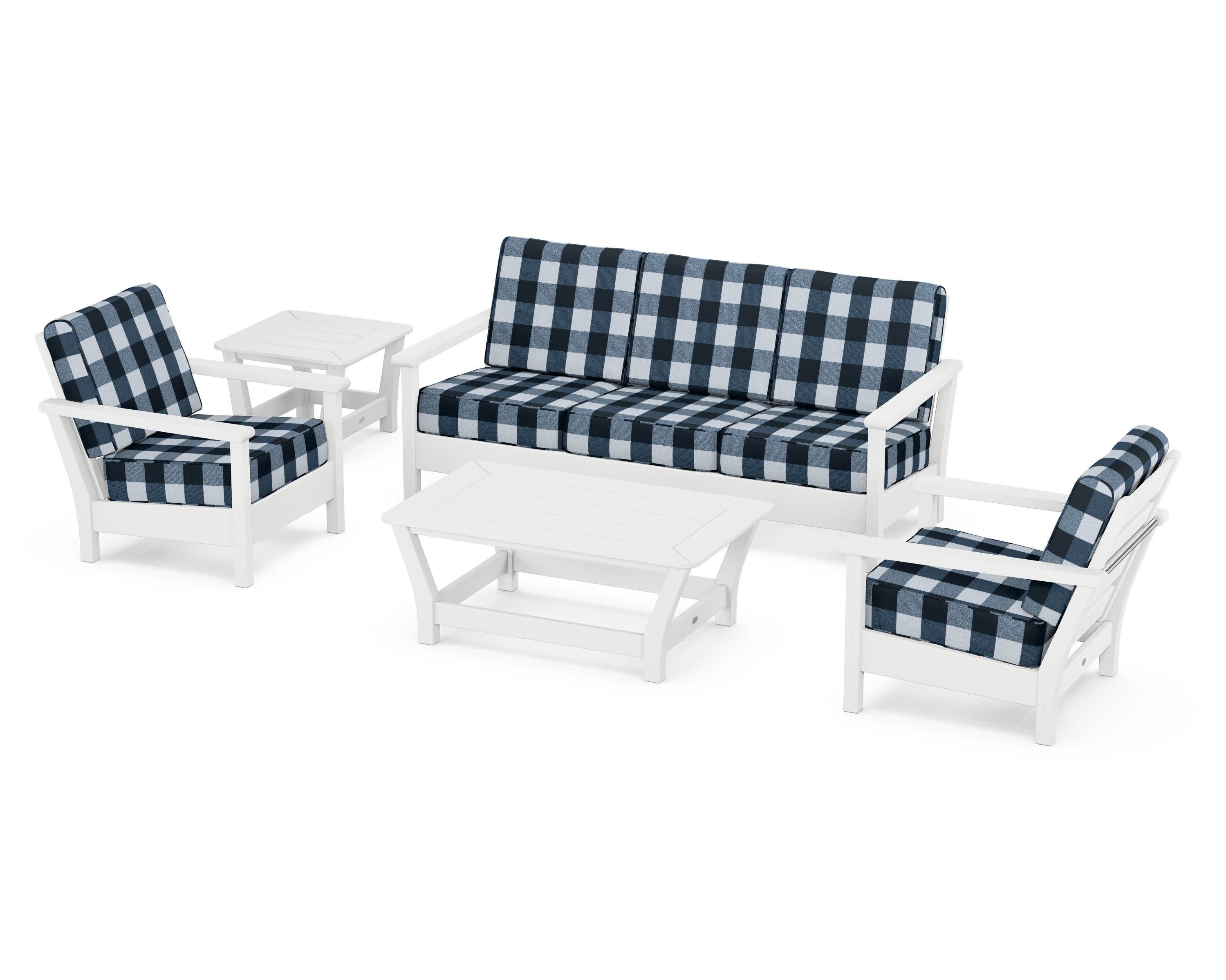 Harbour 5-Piece Deep Seating Set in White / Buffalo Plaid Marine Indigo