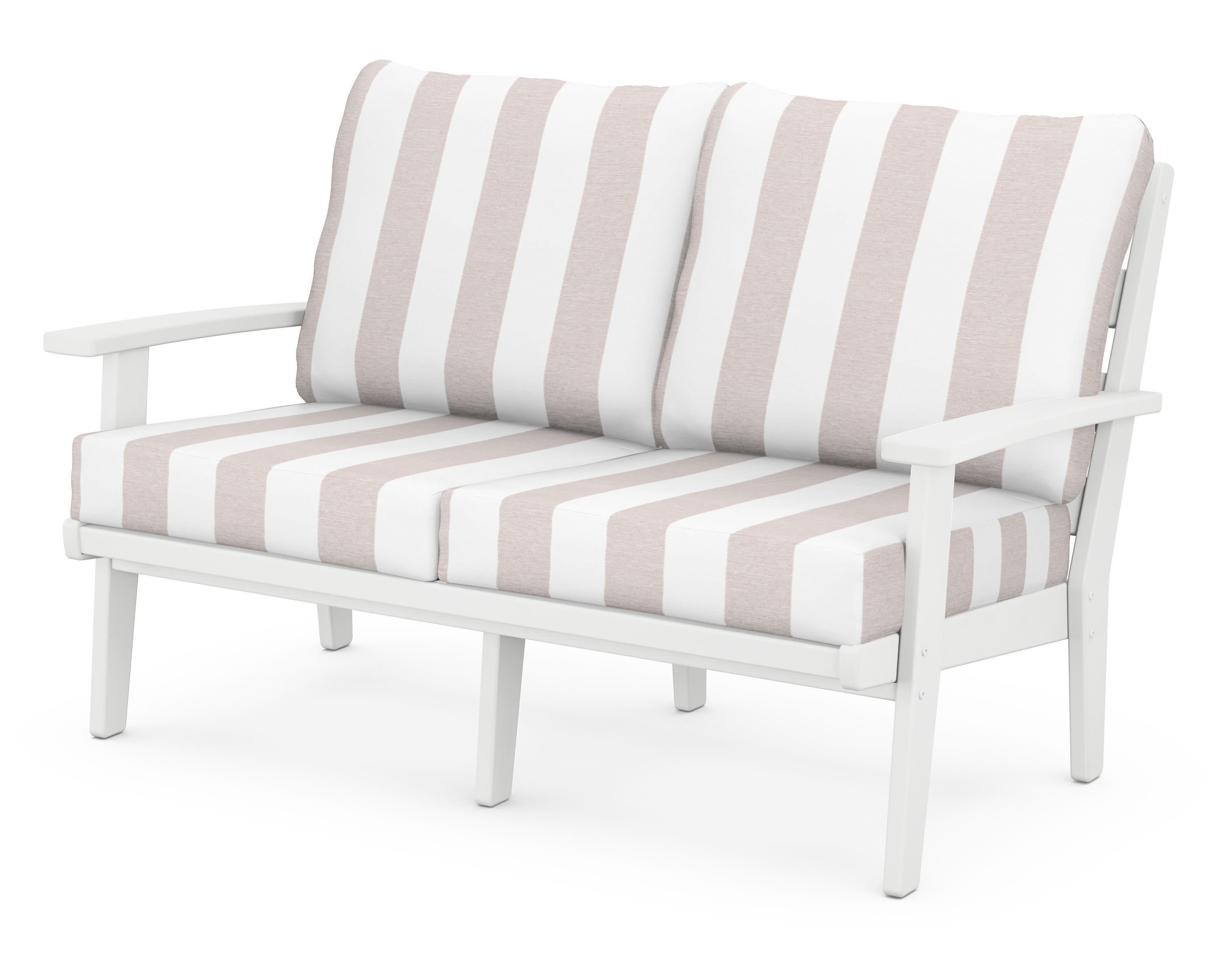 Grant Park Deep Seating Loveseat in White / Cabana Stripe Dune Burlap