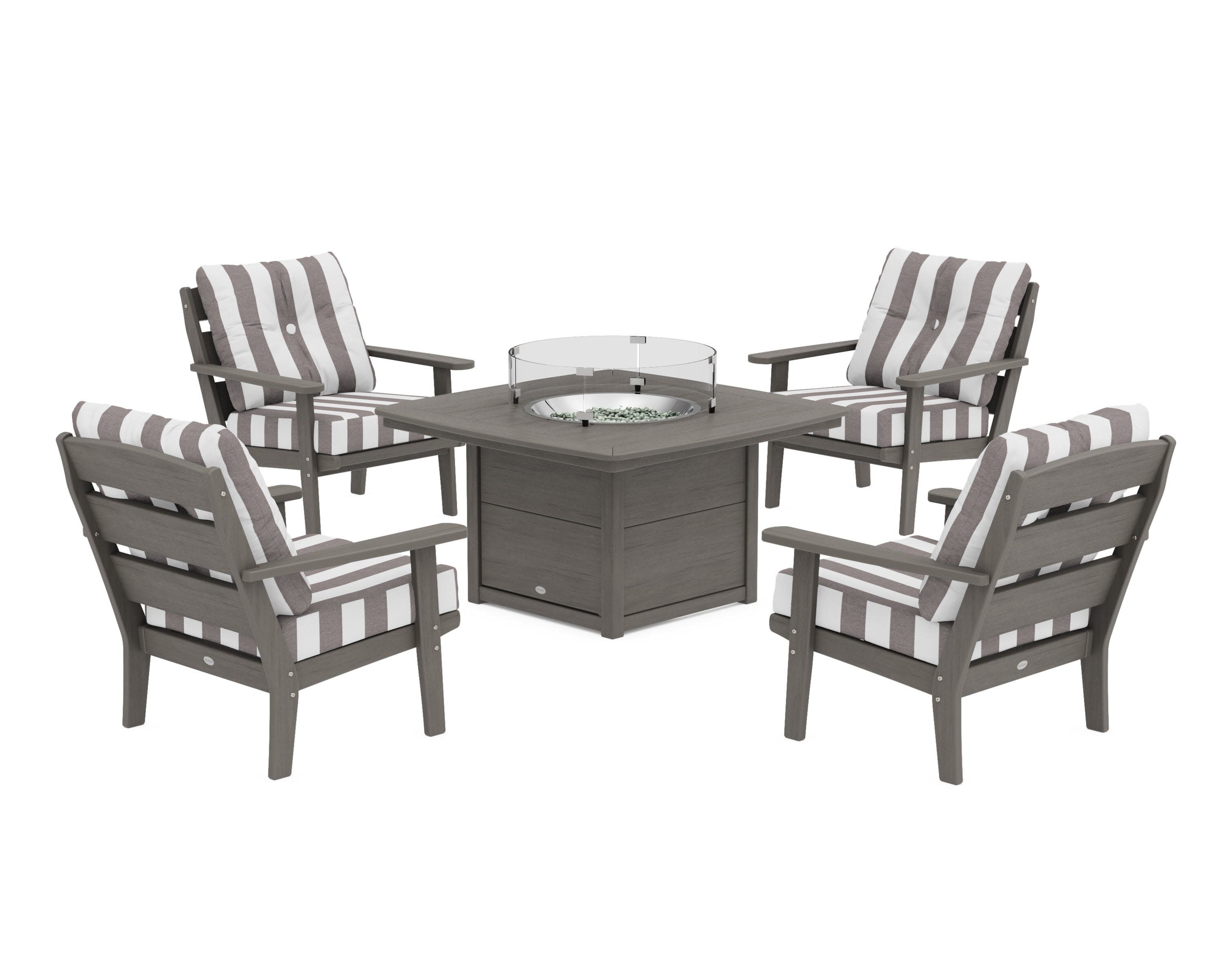 Lakeside 5-Piece Deep Seating Set with Nautical Fire Pit Table in Driftwood / Cabana Stripe Grey Mist