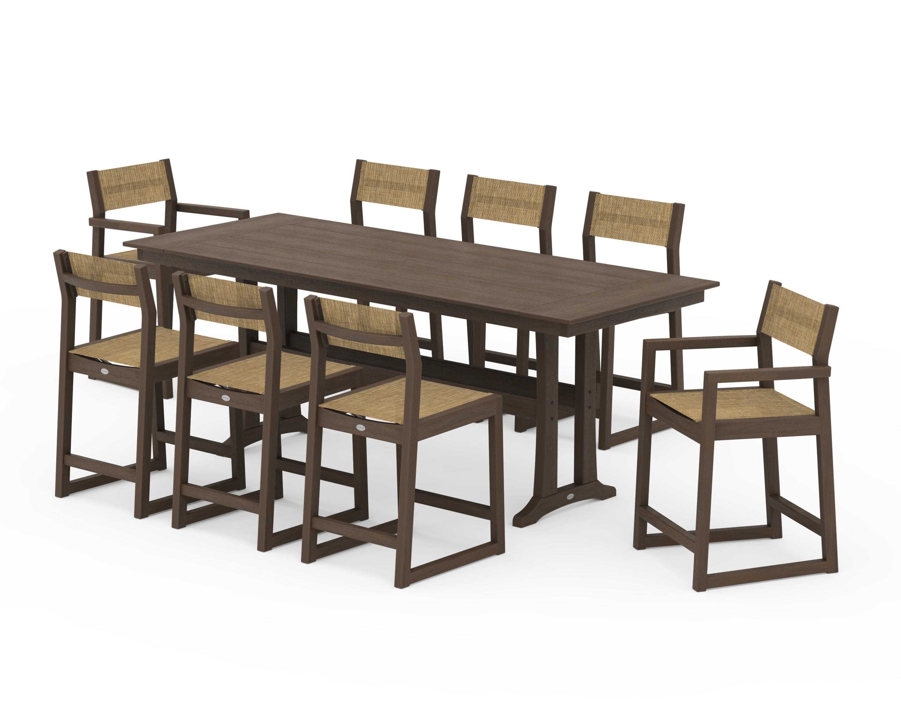 EDGE Sling 9-Piece Farmhouse Counter Set with Trestle Legs in Kona / Burlap Sling