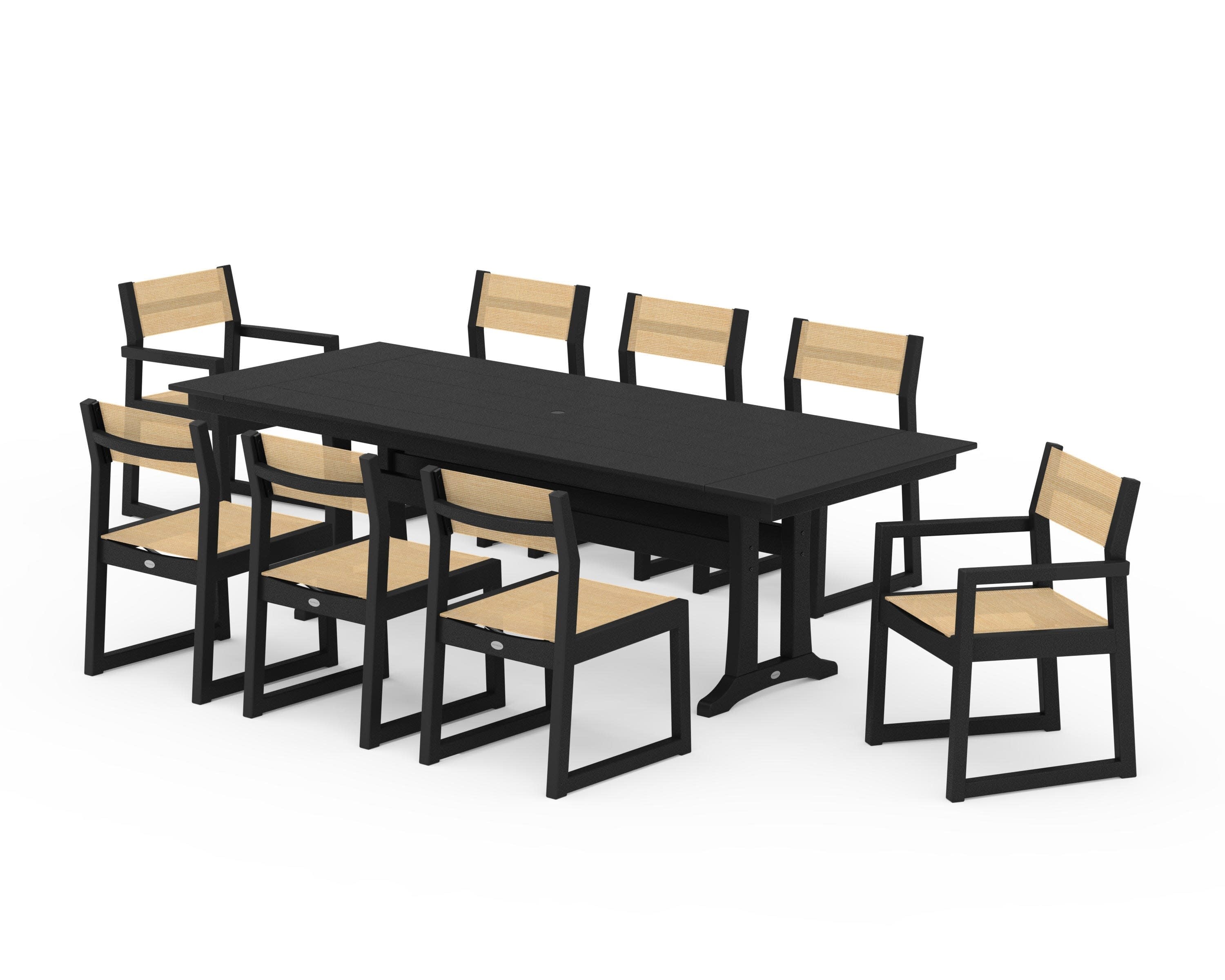 EDGE Sling 9-Piece Farmhouse Trestle Dining Set in Black / Dupioni Apricot Sling