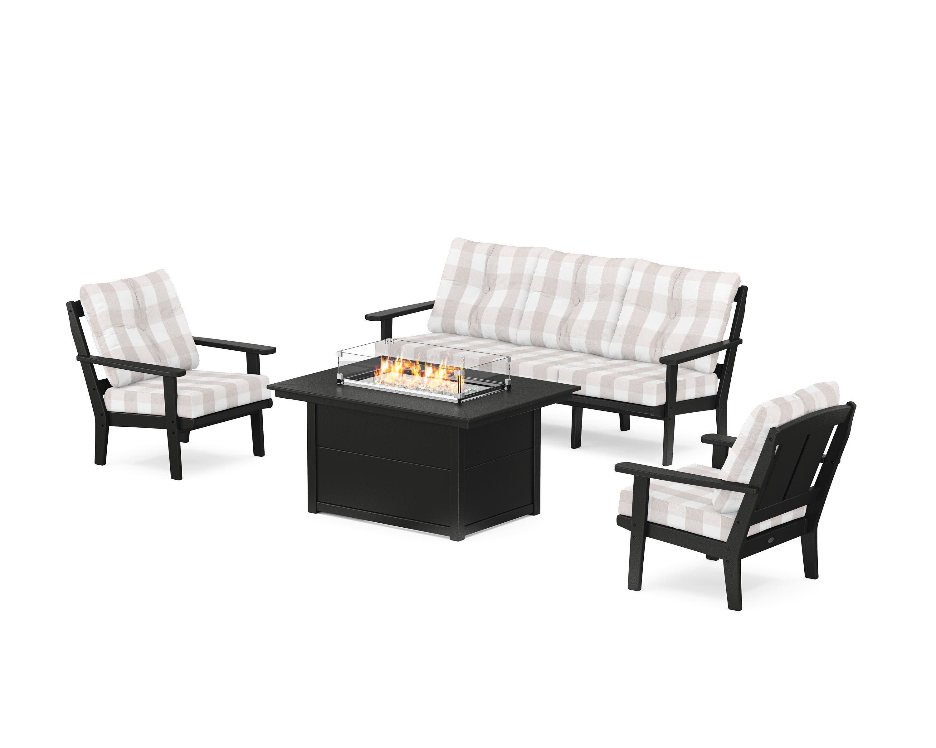 Mission Deep Seating Fire Pit Table Set in Black / Buffalo Plaid Dune Burlap