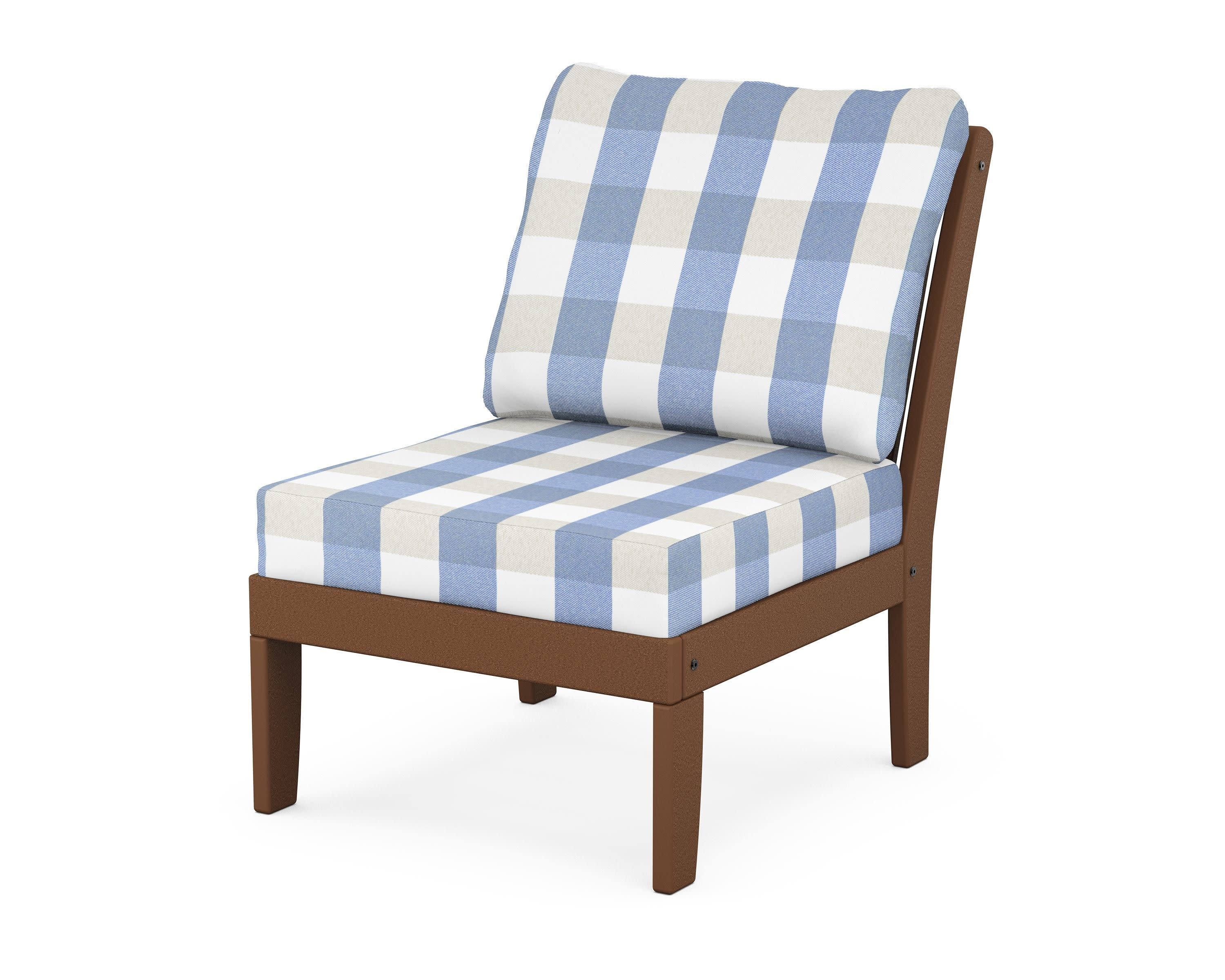 Braxton Modular Armless Chair in Teak / Buffalo Plaid Sky Blue