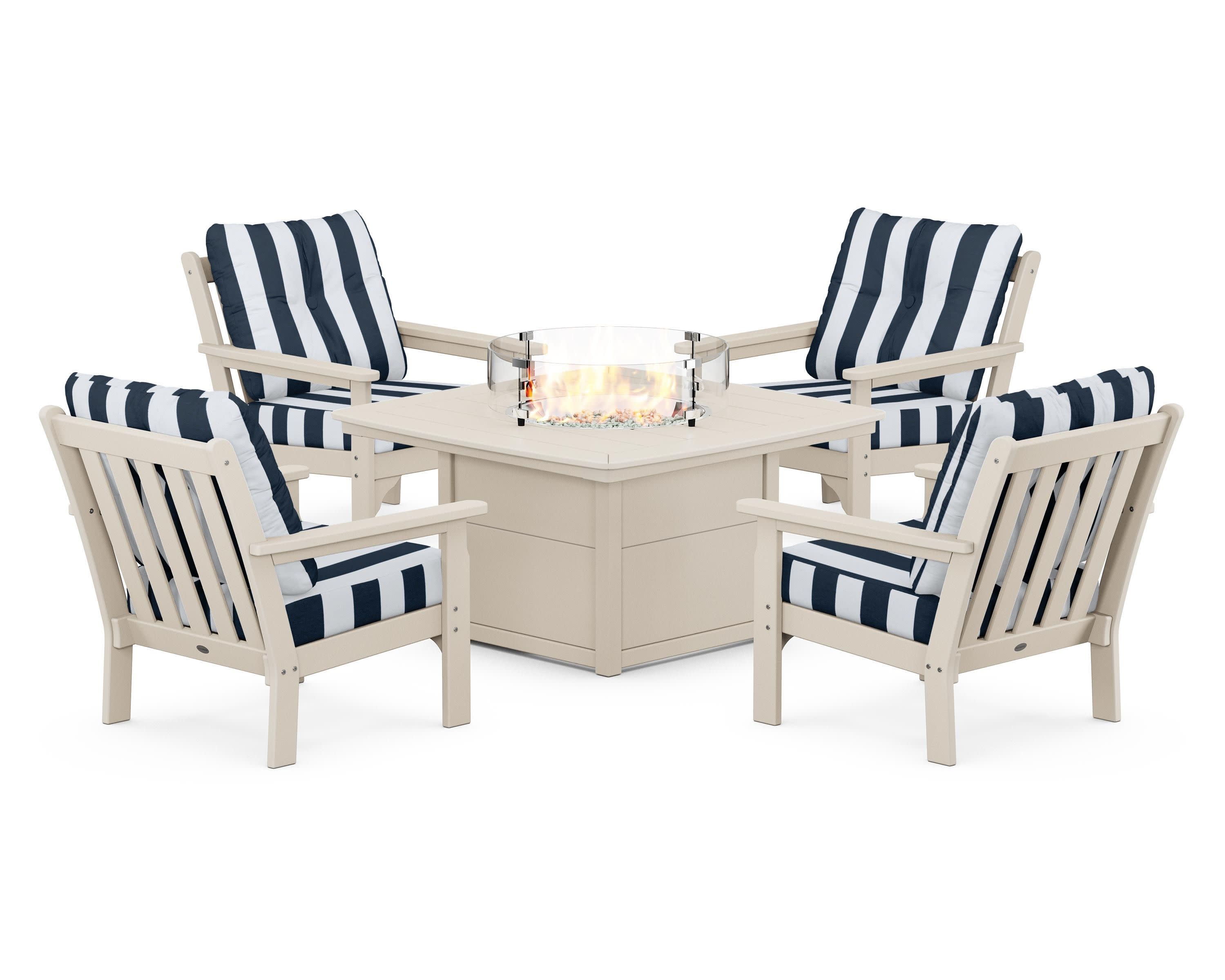 Vineyard 5-Piece Conversation Set with Fire Pit Table in Sand / Cabana Stripe Marine Indigo